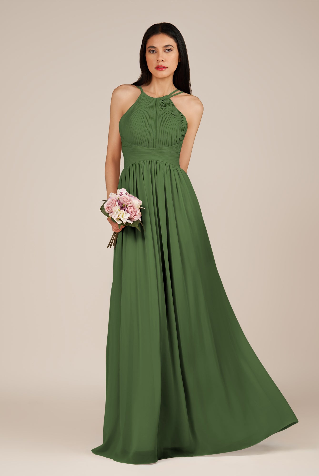 KissDress-Ursa Moss A Line Chiffon Halter Neck Long Bridesmaid Dress with Pleats