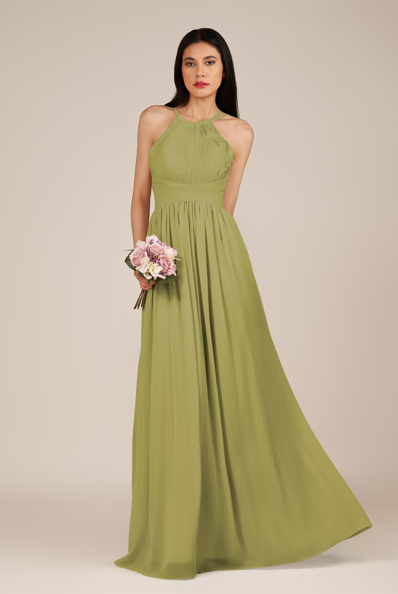 KissDress-Ursa Moss Green A Line Chiffon Halter Neck Long Bridesmaid Dress with Pleats