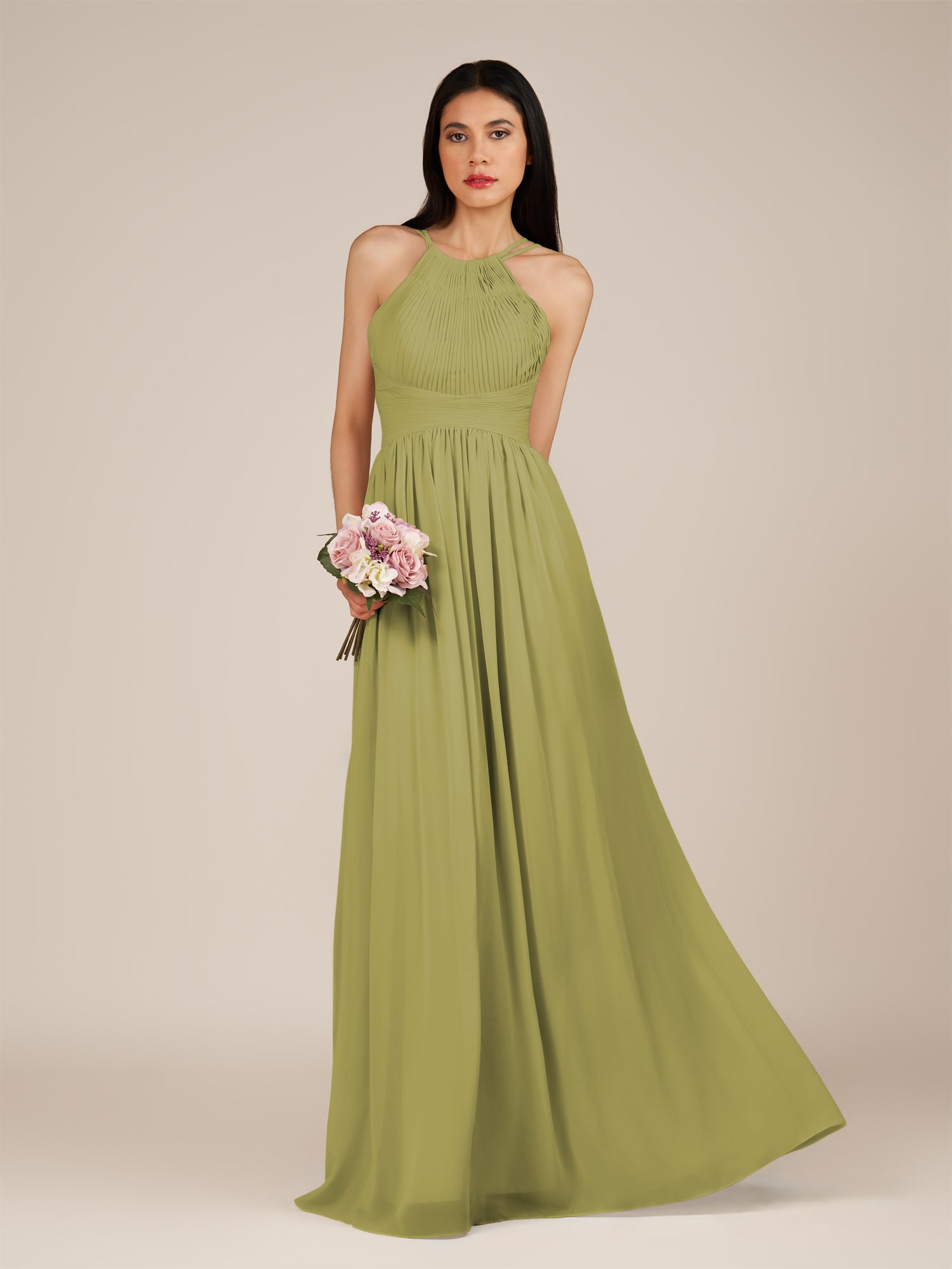 KissDress-Ursa Moss Green A Line Chiffon Halter Neck Long Bridesmaid Dress with Pleats