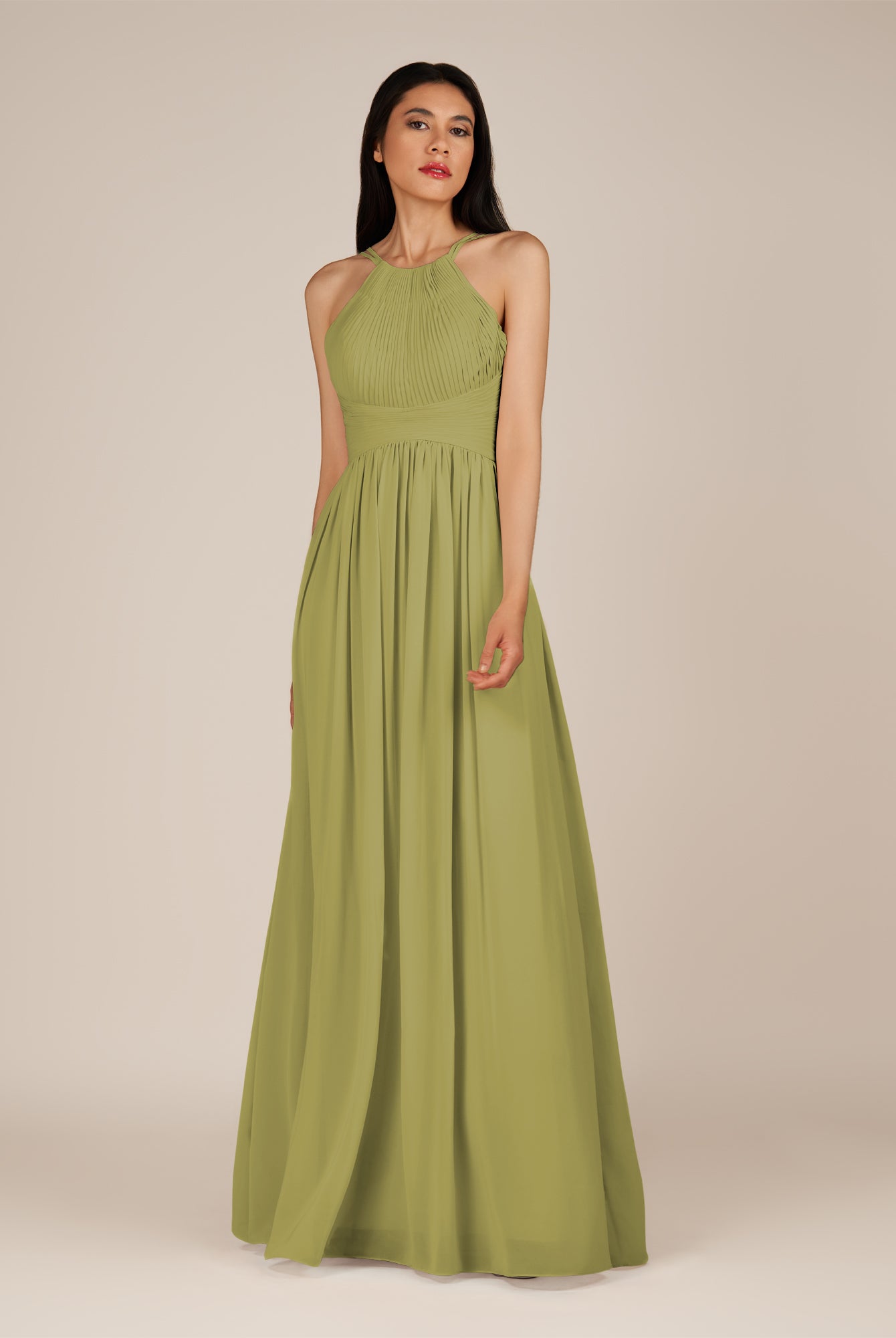 KissDress-Ursa Moss Green A Line Chiffon Halter Neck Long Bridesmaid Dress with Pleats