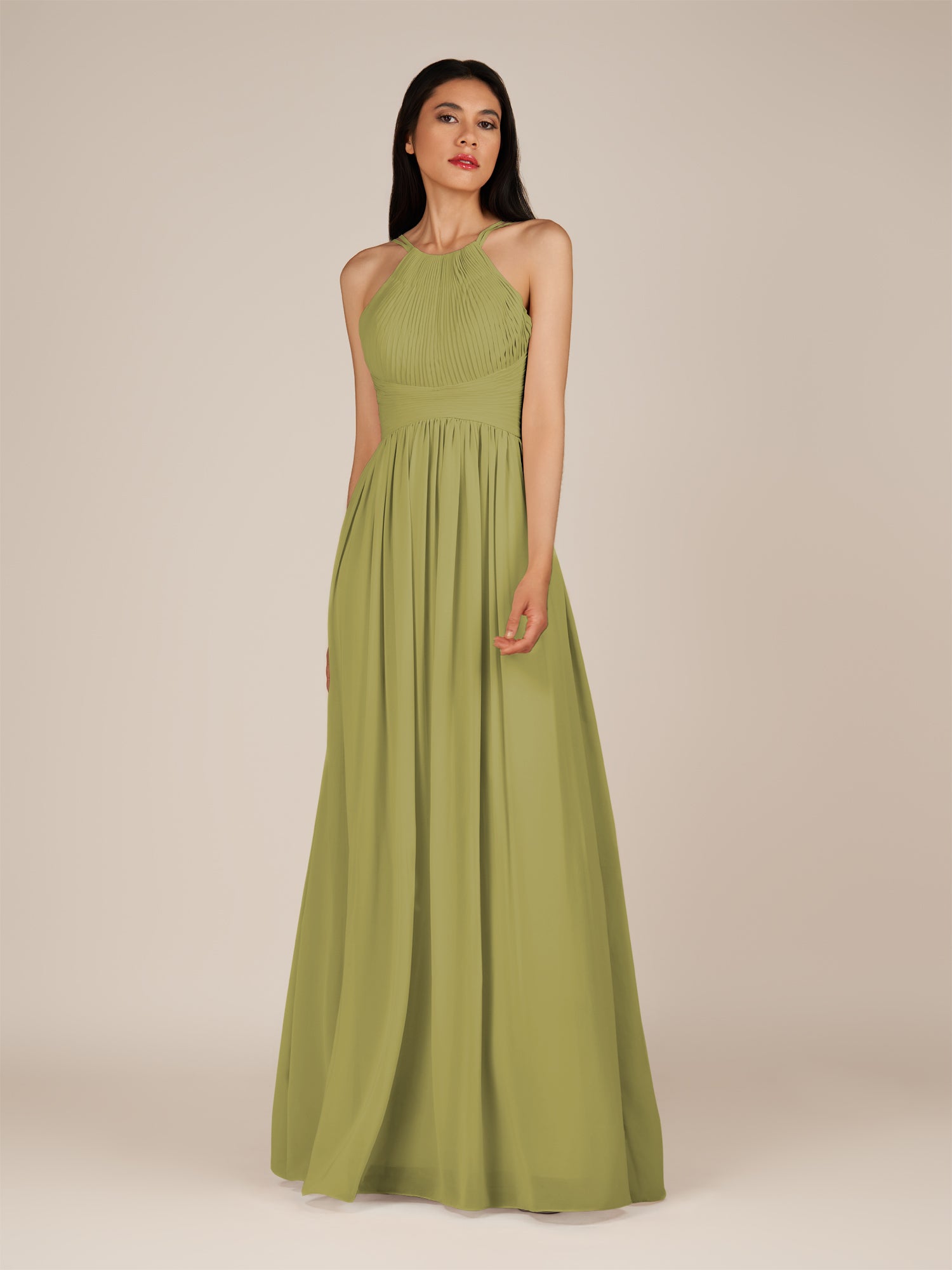 KissDress-Ursa Moss Green A Line Chiffon Halter Neck Long Bridesmaid Dress with Pleats