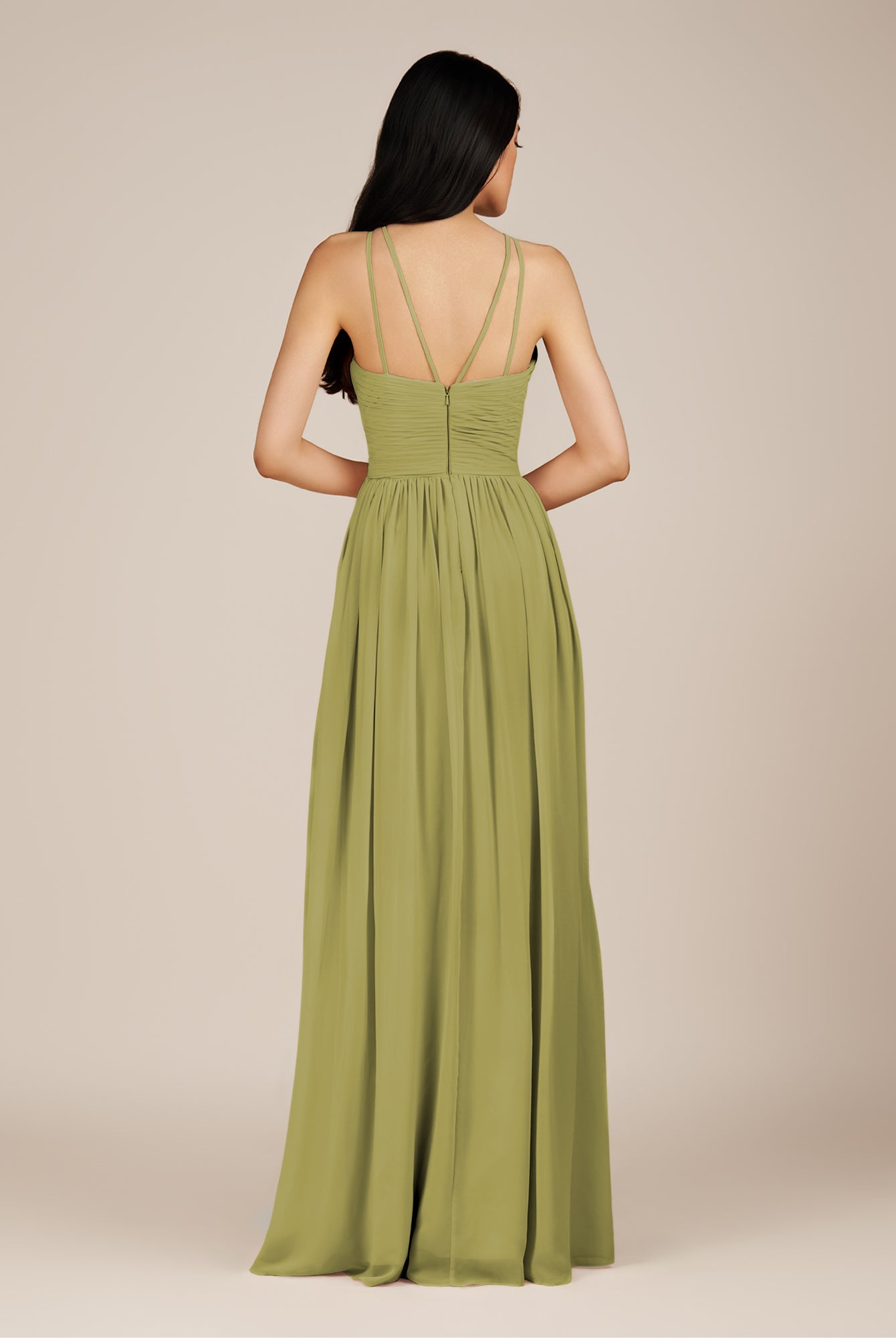 KissDress-Ursa Moss Green A Line Chiffon Halter Neck Long Bridesmaid Dress with Pleats