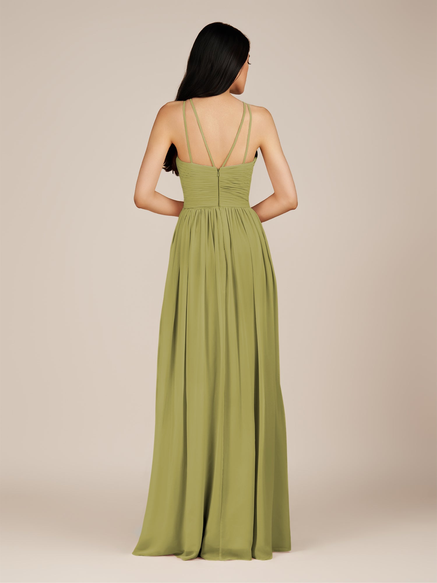 KissDress-Ursa Moss Green A Line Chiffon Halter Neck Long Bridesmaid Dress with Pleats