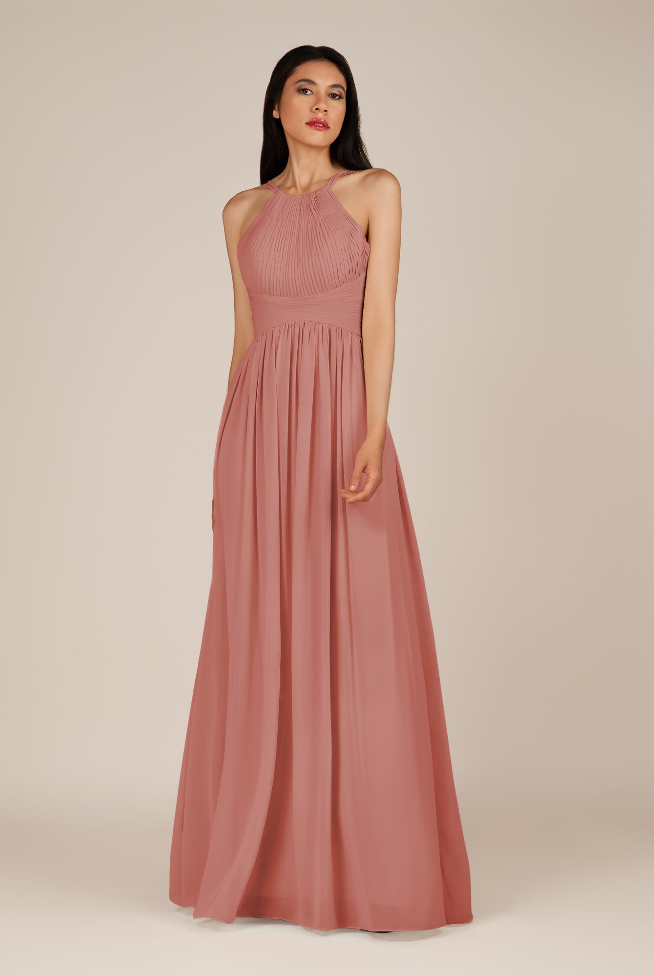KissDress-Ursa Mulberry A Line Chiffon Halter Neck Long Bridesmaid Dress with Pleats