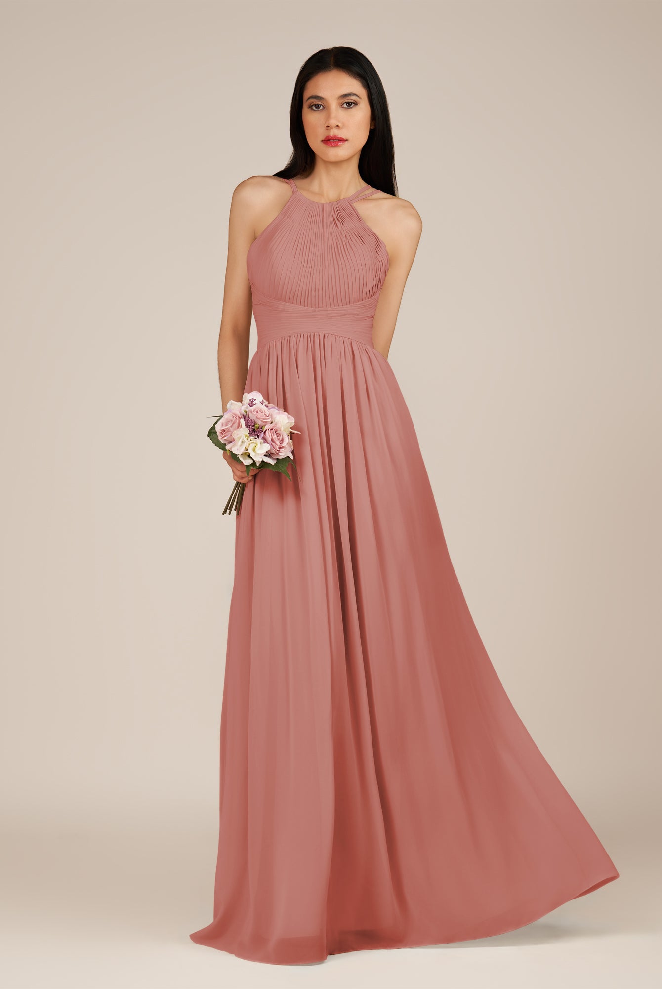 KissDress-Ursa Mulberry A Line Chiffon Halter Neck Long Bridesmaid Dress with Pleats