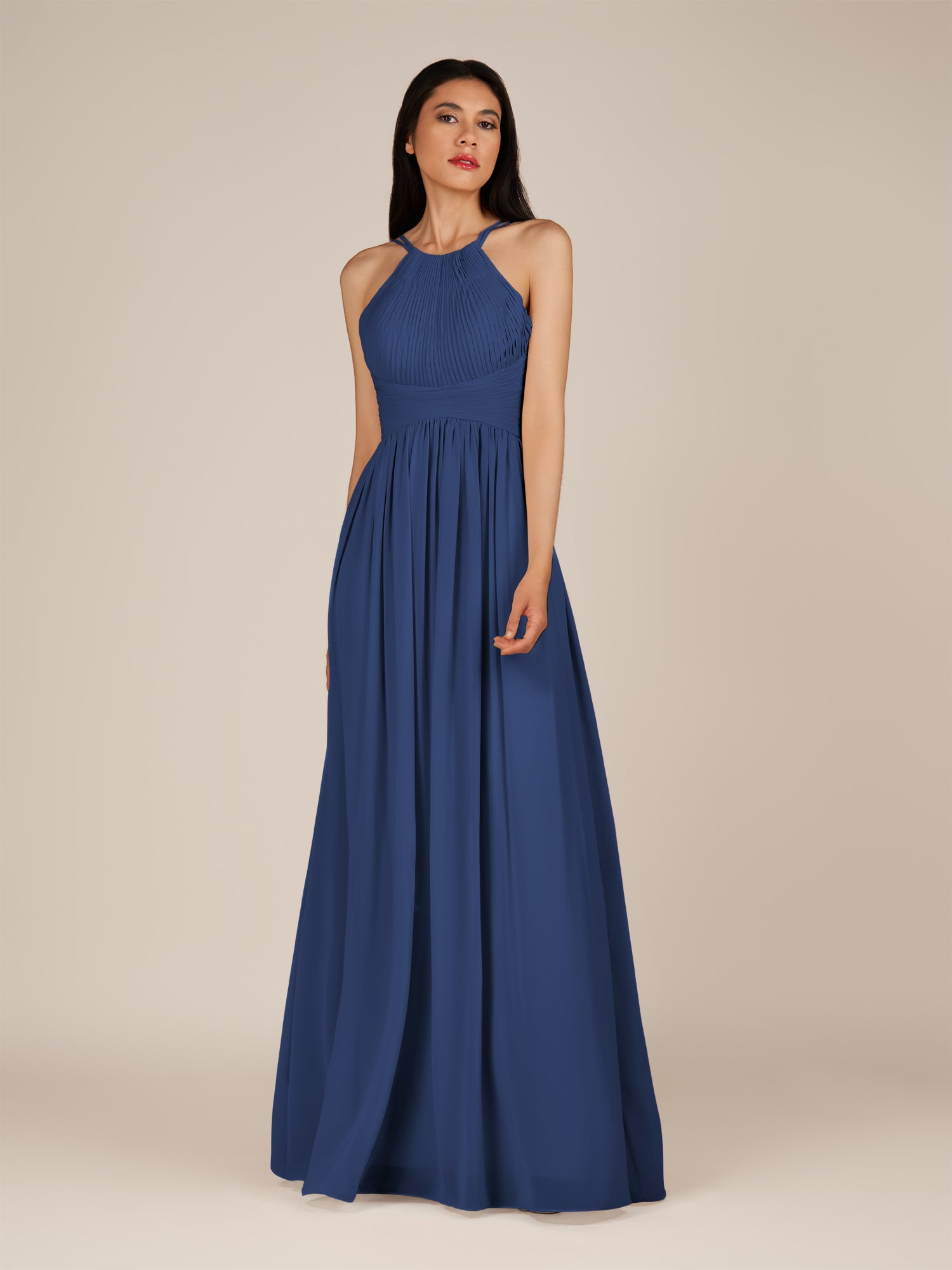 KissDress-Ursa Navy A Line Chiffon Halter Neck Long Bridesmaid Dress with Pleats