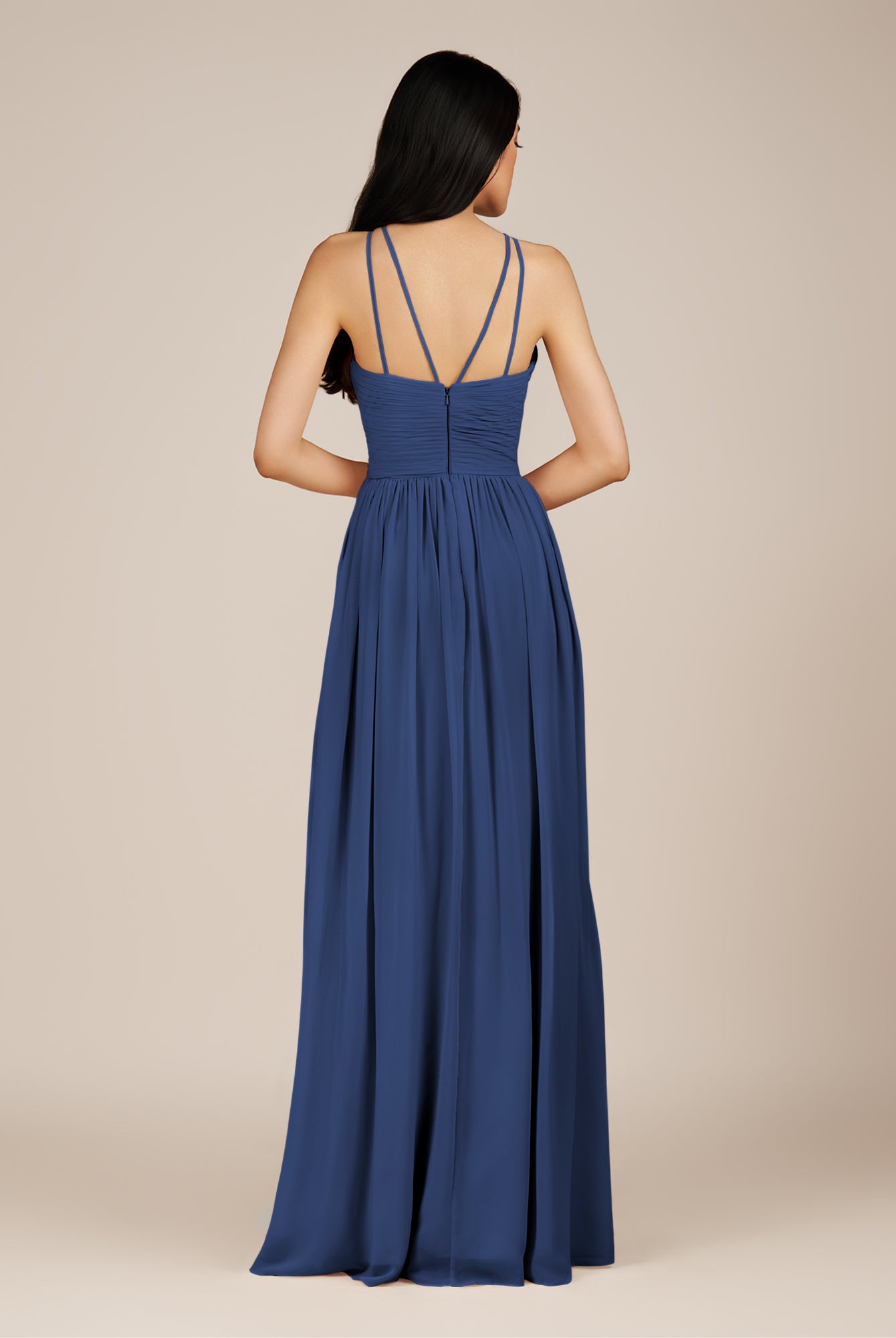 KissDress-Ursa Navy A Line Chiffon Halter Neck Long Bridesmaid Dress with Pleats