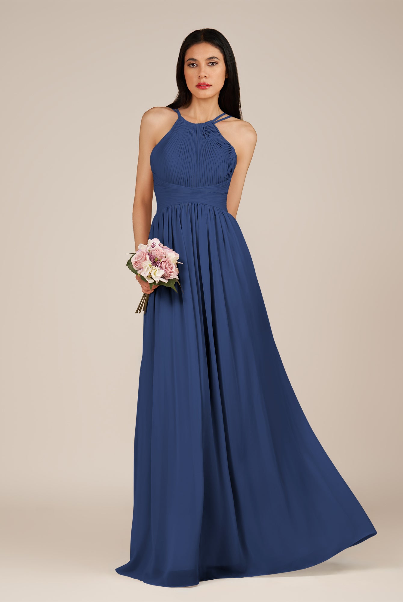 KissDress-Ursa Navy A Line Chiffon Halter Neck Long Bridesmaid Dress with Pleats