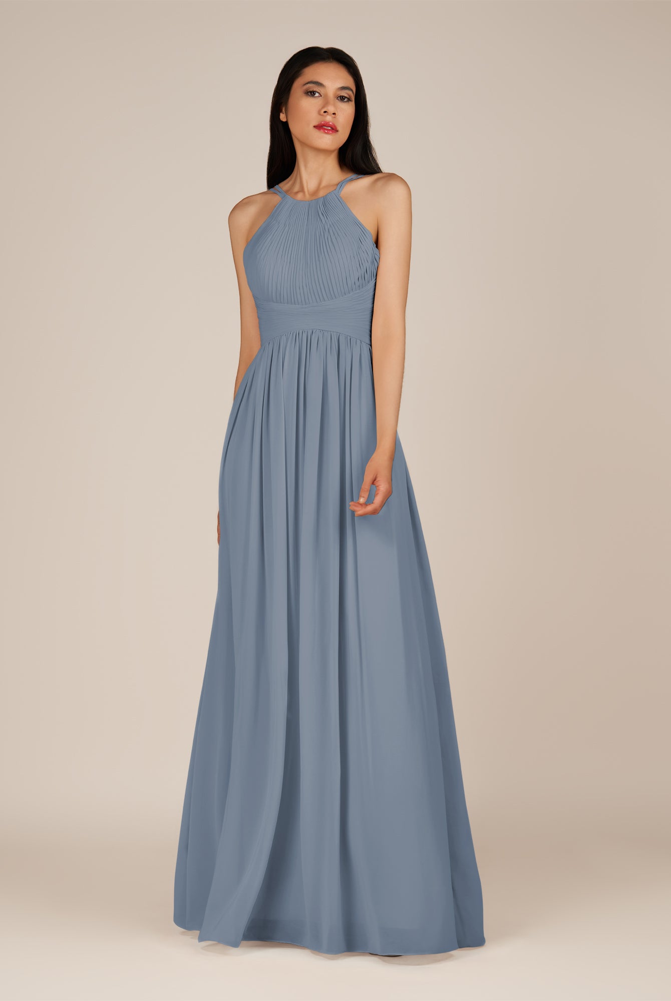 KissDress-Ursa Neptune A Line Chiffon Halter Neck Long Bridesmaid Dress with Pleats
