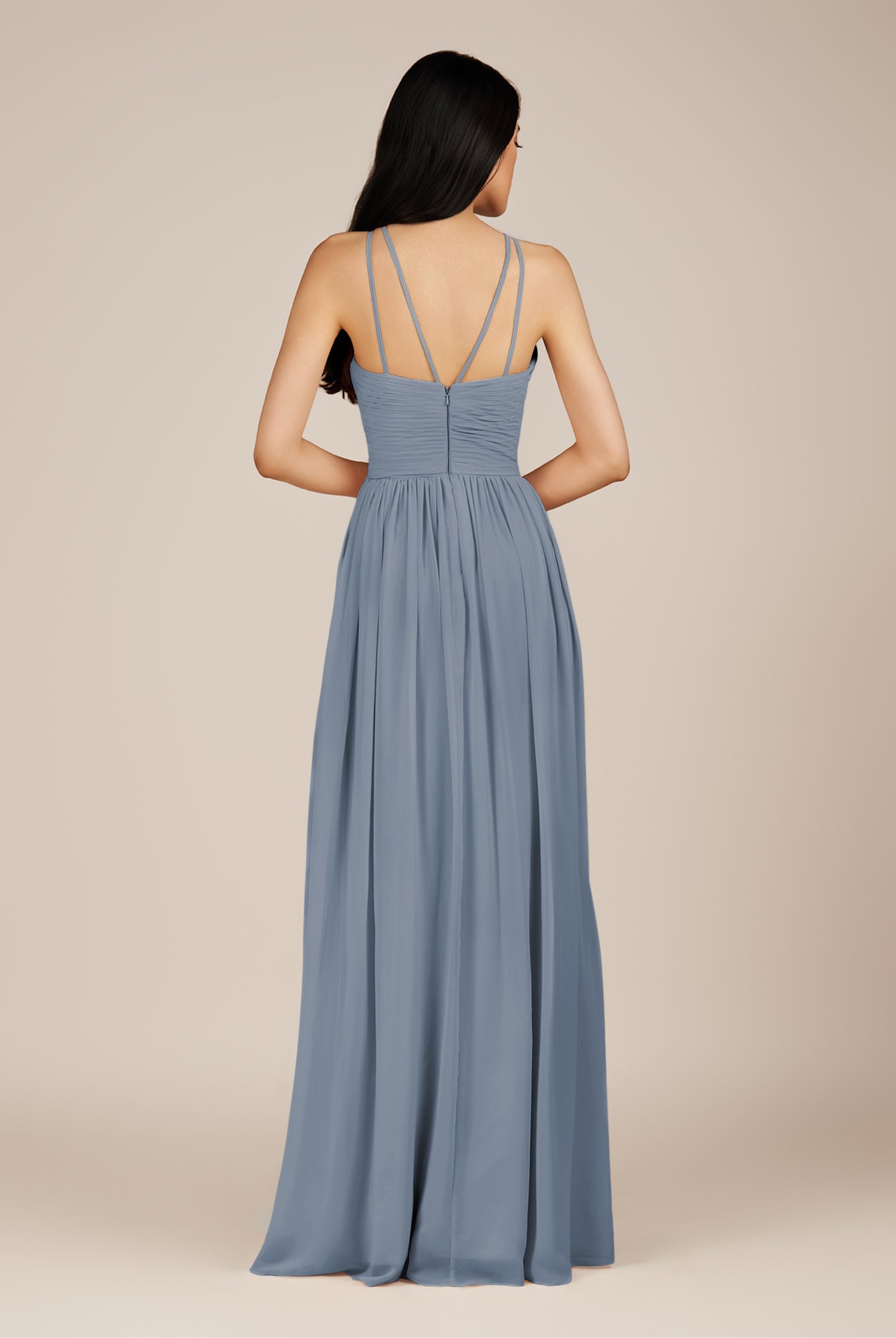 KissDress-Ursa Neptune A Line Chiffon Halter Neck Long Bridesmaid Dress with Pleats