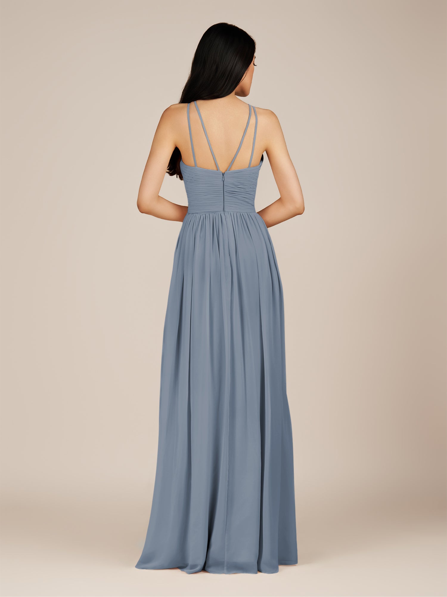 KissDress-Ursa Neptune A Line Chiffon Halter Neck Long Bridesmaid Dress with Pleats