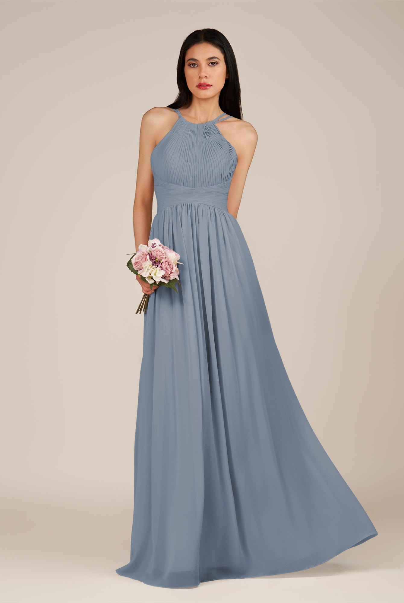 KissDress-Ursa Neptune A Line Chiffon Halter Neck Long Bridesmaid Dress with Pleats