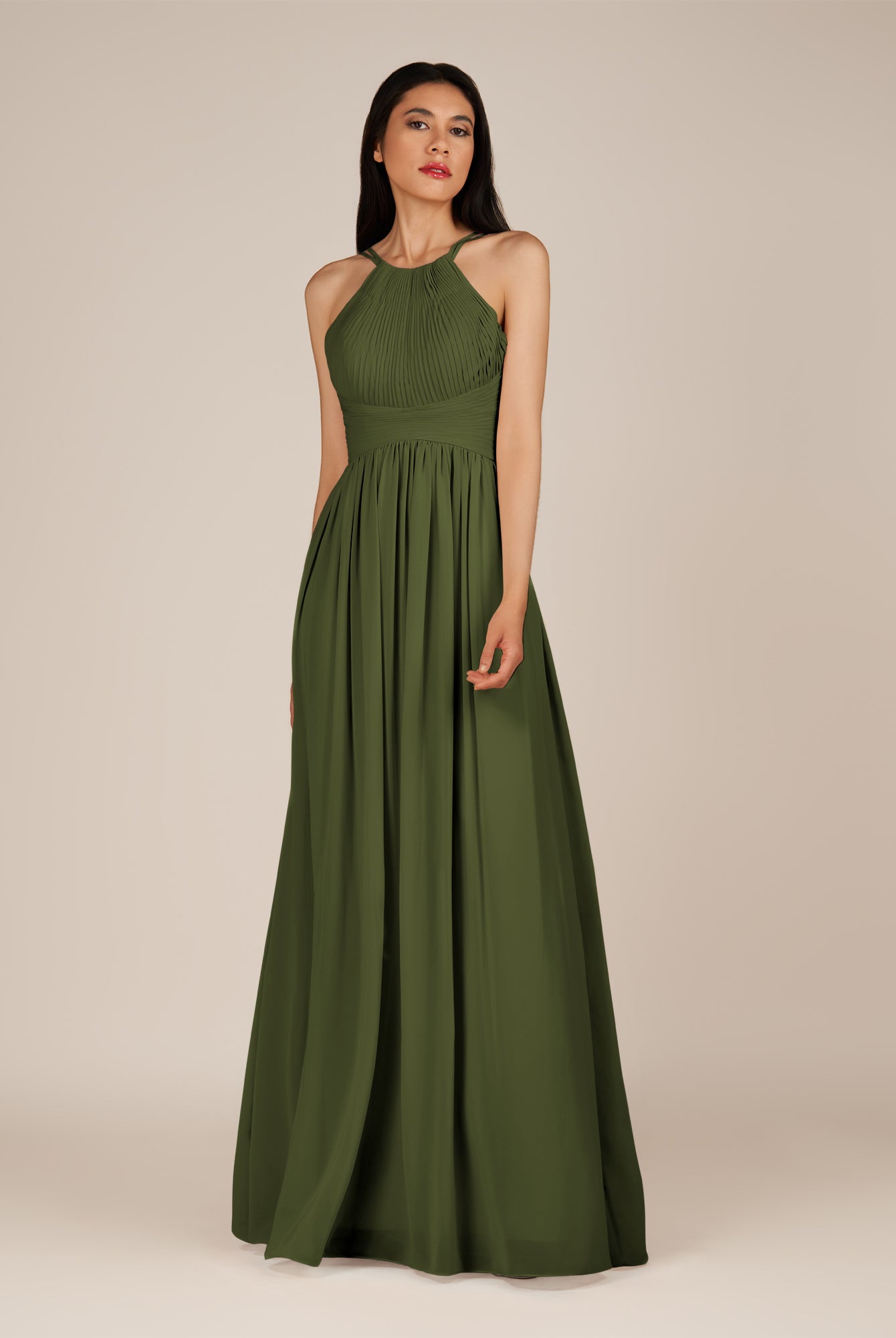 KissDress-Ursa Olive A Line Chiffon Halter Neck Long Bridesmaid Dress with Pleats