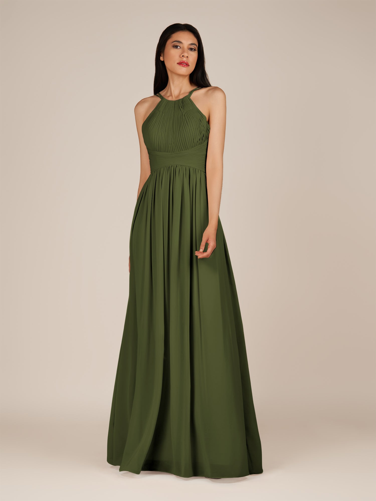 KissDress-Ursa Olive A Line Chiffon Halter Neck Long Bridesmaid Dress with Pleats
