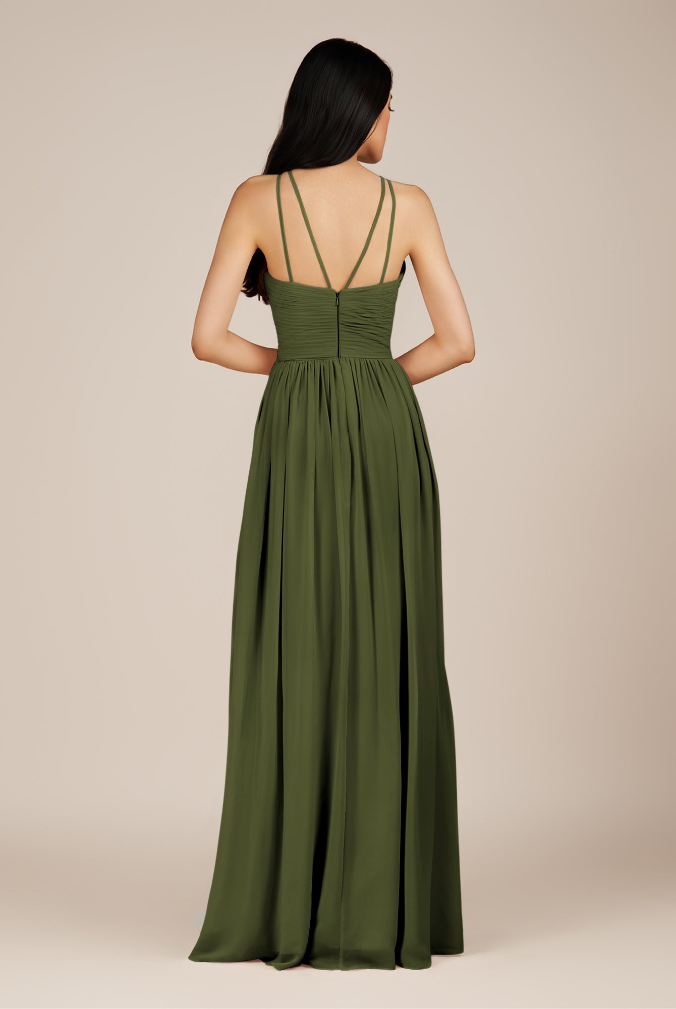 KissDress-Ursa Olive A Line Chiffon Halter Neck Long Bridesmaid Dress with Pleats