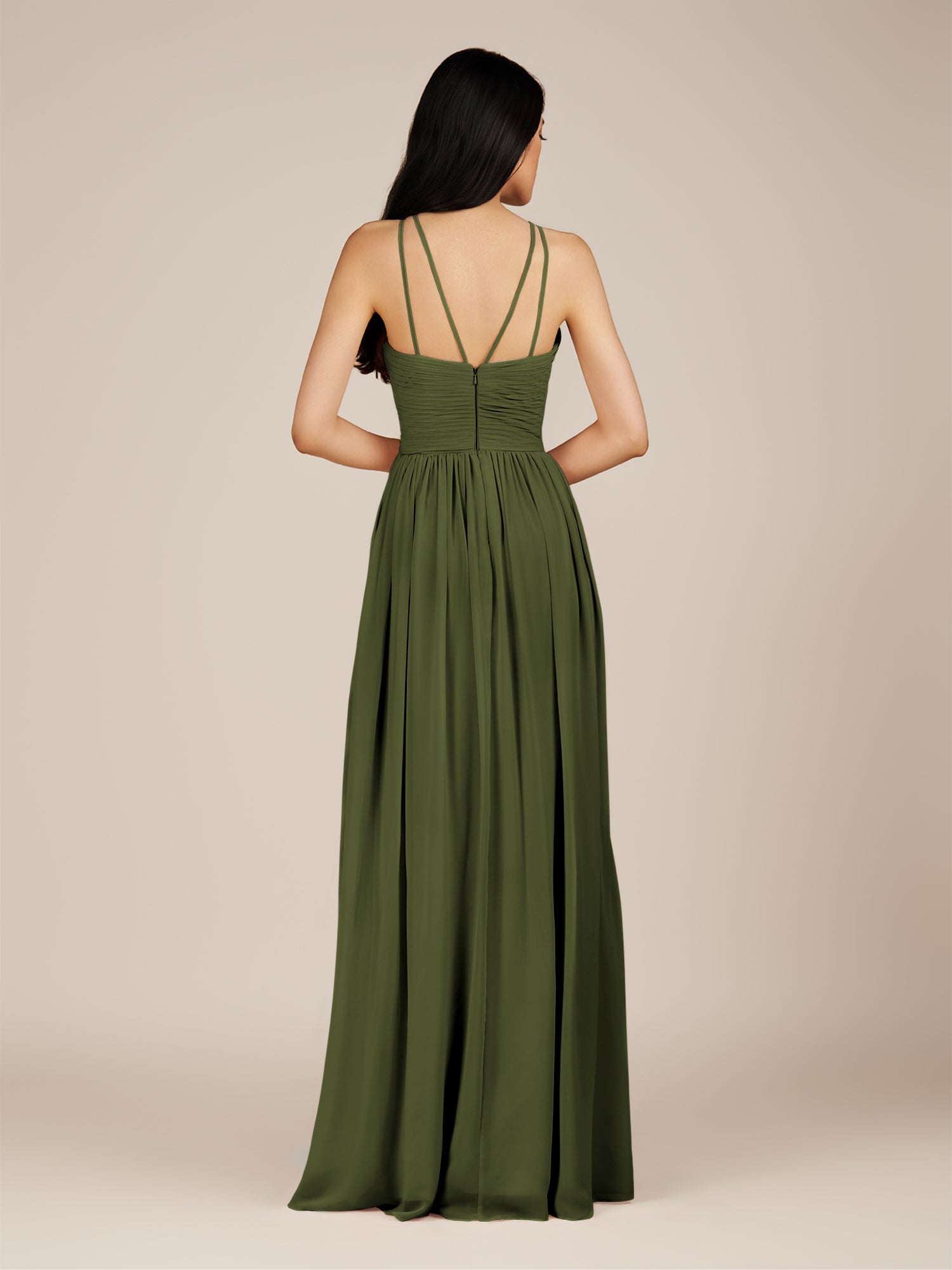 KissDress-Ursa Olive A Line Chiffon Halter Neck Long Bridesmaid Dress with Pleats