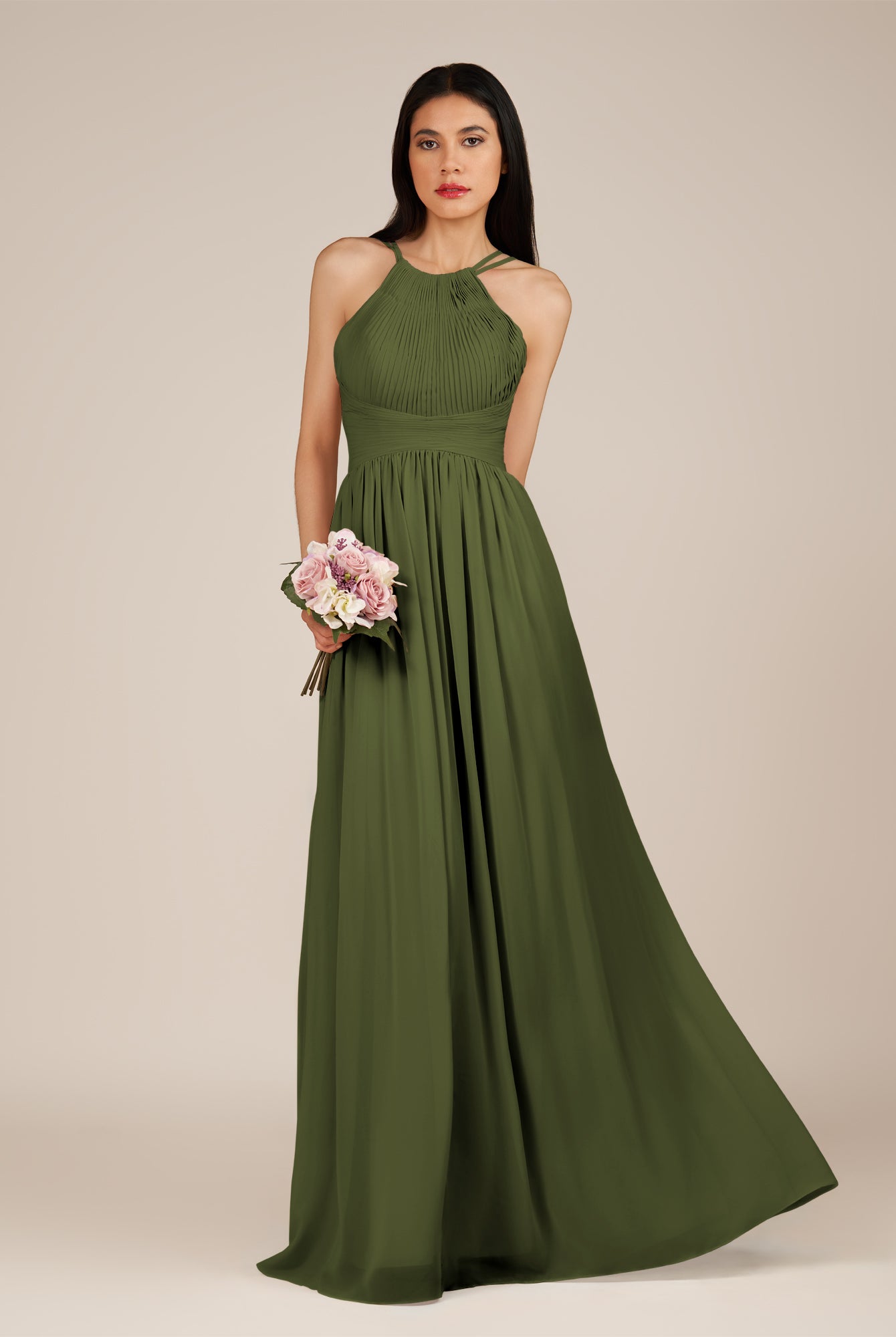 KissDress-Ursa Olive A Line Chiffon Halter Neck Long Bridesmaid Dress with Pleats