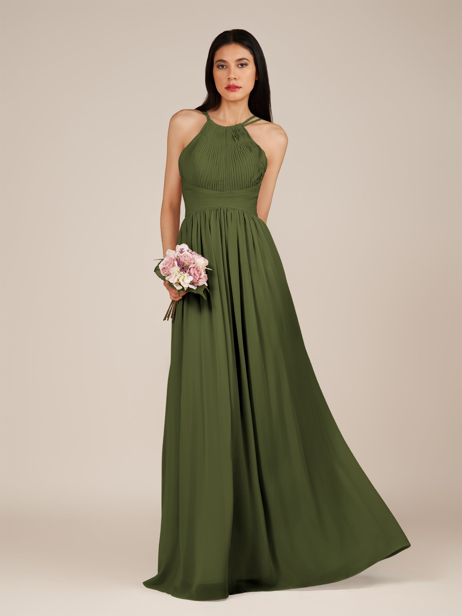 KissDress-Ursa Olive A Line Chiffon Halter Neck Long Bridesmaid Dress with Pleats