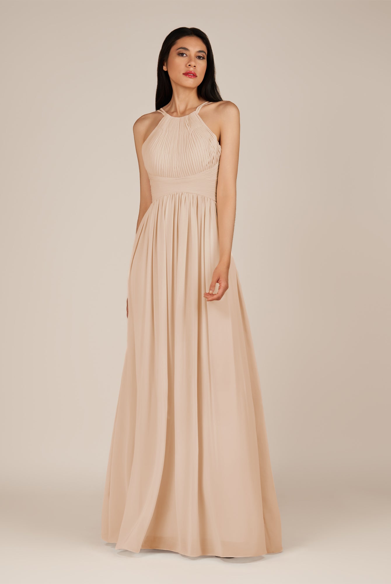 KissDress-Ursa Pale Blush A Line Chiffon Halter Neck Long Bridesmaid Dress with Pleats