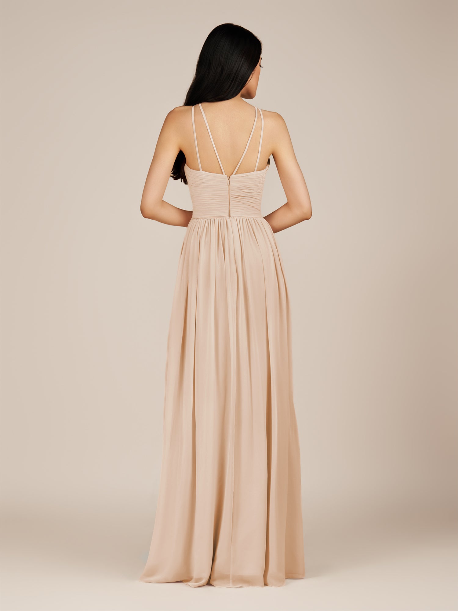 KissDress-Ursa Pale Blush A Line Chiffon Halter Neck Long Bridesmaid Dress with Pleats