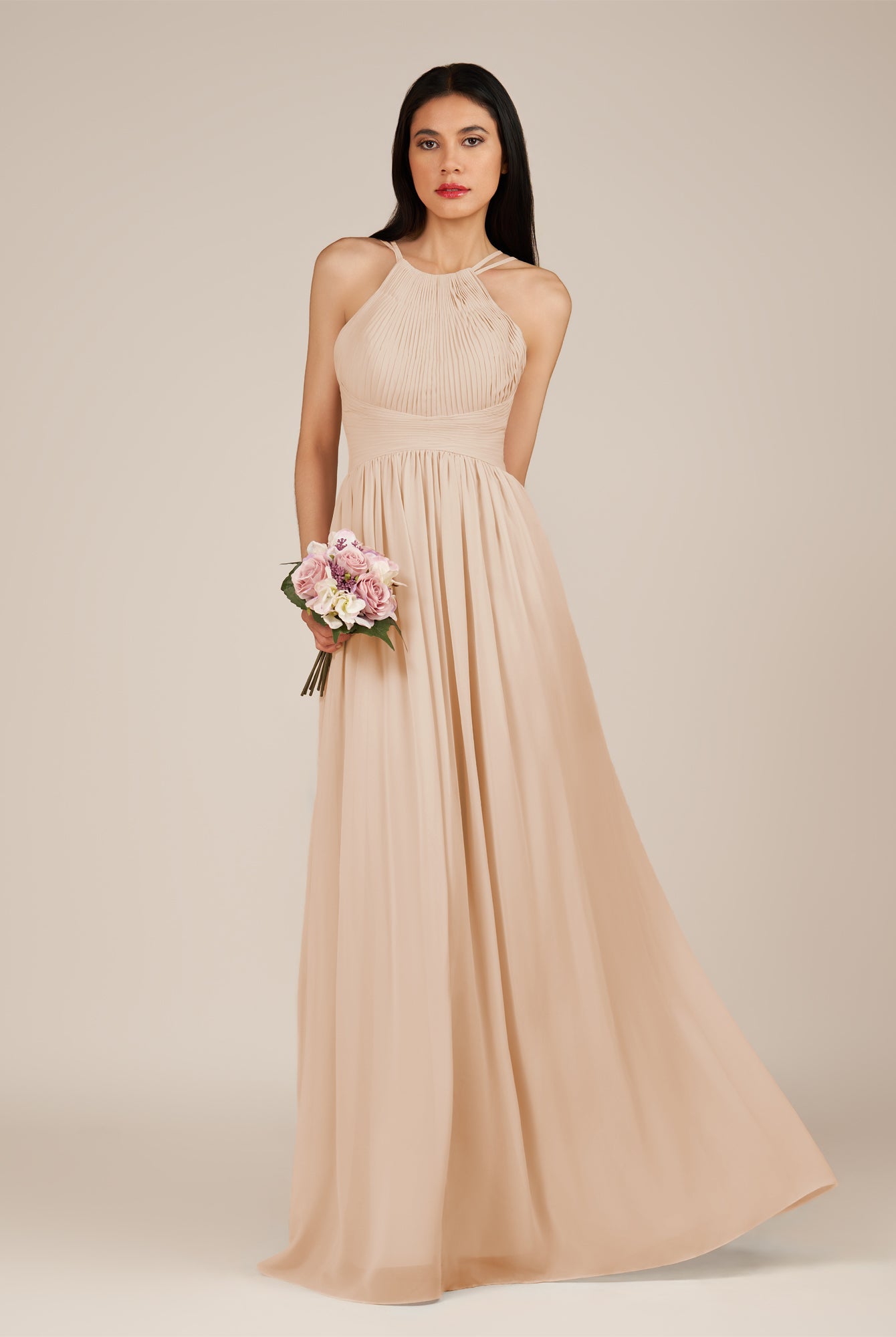 KissDress-Ursa Pale Blush A Line Chiffon Halter Neck Long Bridesmaid Dress with Pleats