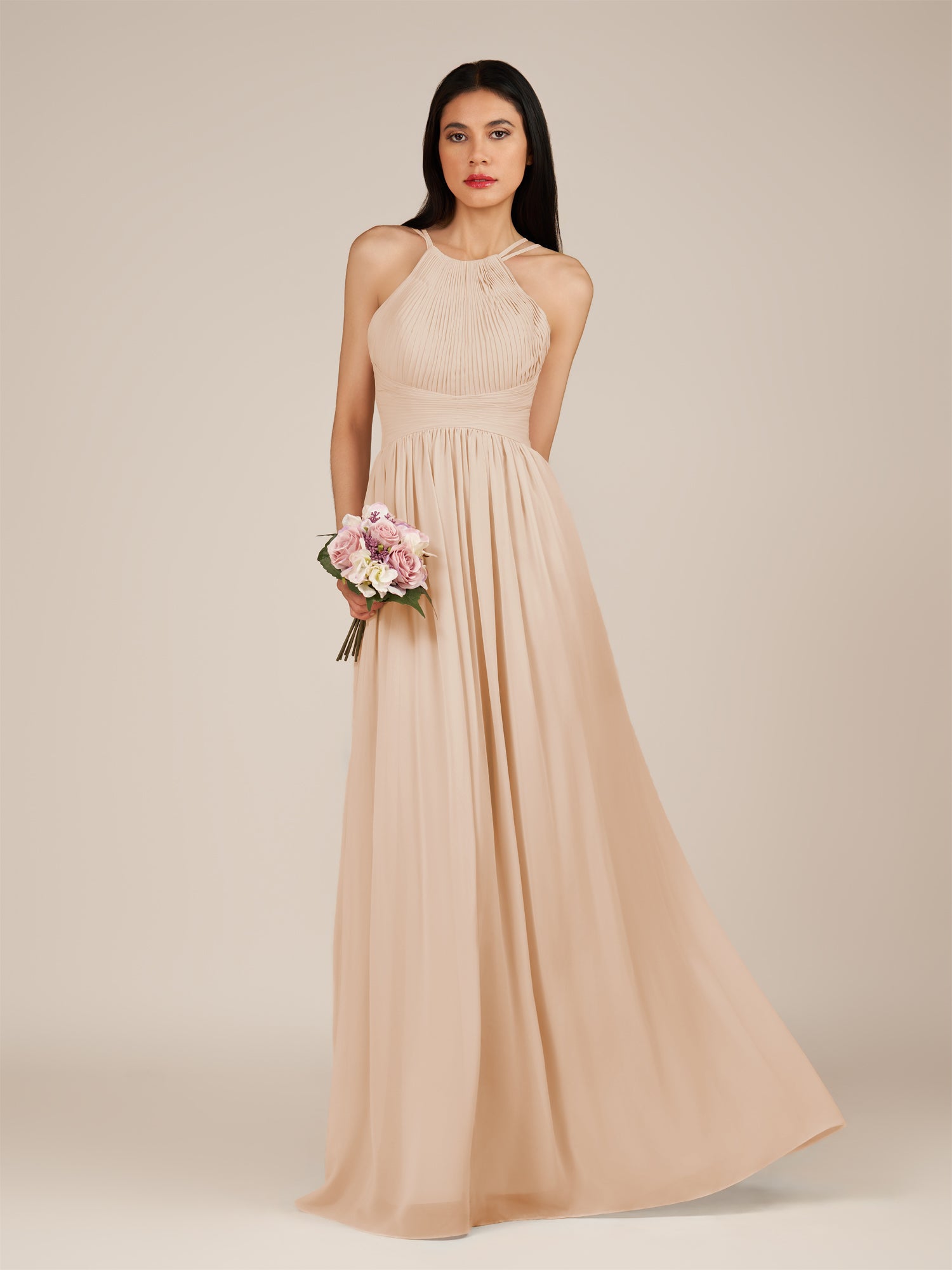 KissDress-Ursa Pale Blush A Line Chiffon Halter Neck Long Bridesmaid Dress with Pleats
