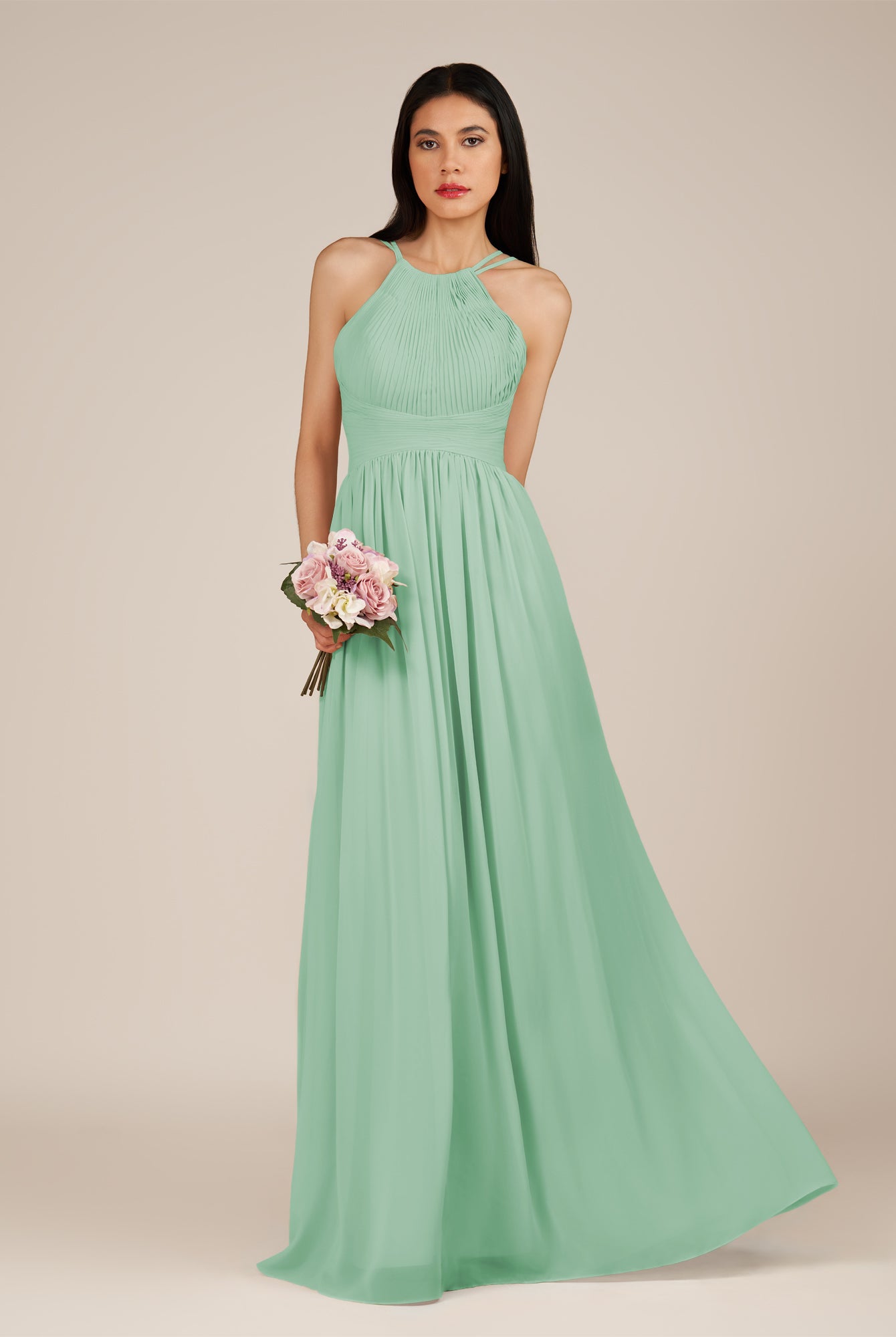 KissDress-Ursa Pale Pistachio A Line Chiffon Halter Neck Long Bridesmaid Dress with Pleats