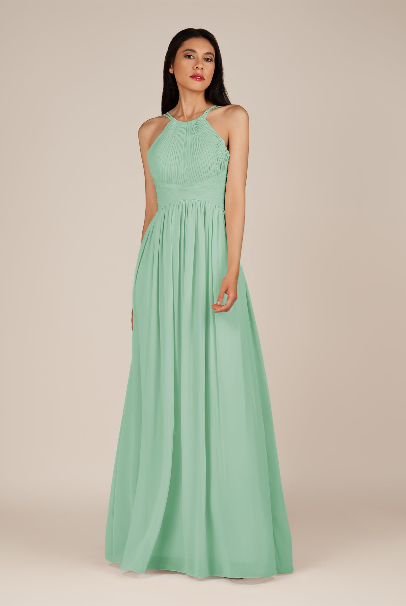 KissDress-Ursa Pale Pistachio A Line Chiffon Halter Neck Long Bridesmaid Dress with Pleats