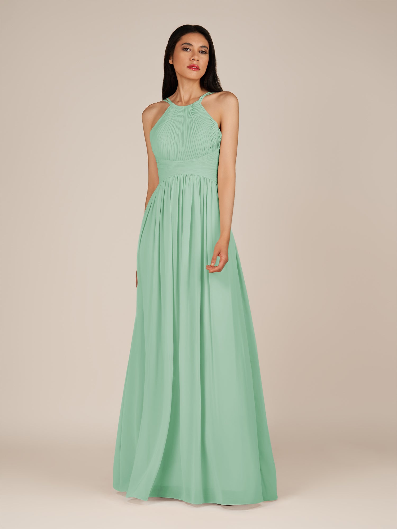 KissDress-Ursa Pale Pistachio A Line Chiffon Halter Neck Long Bridesmaid Dress with Pleats