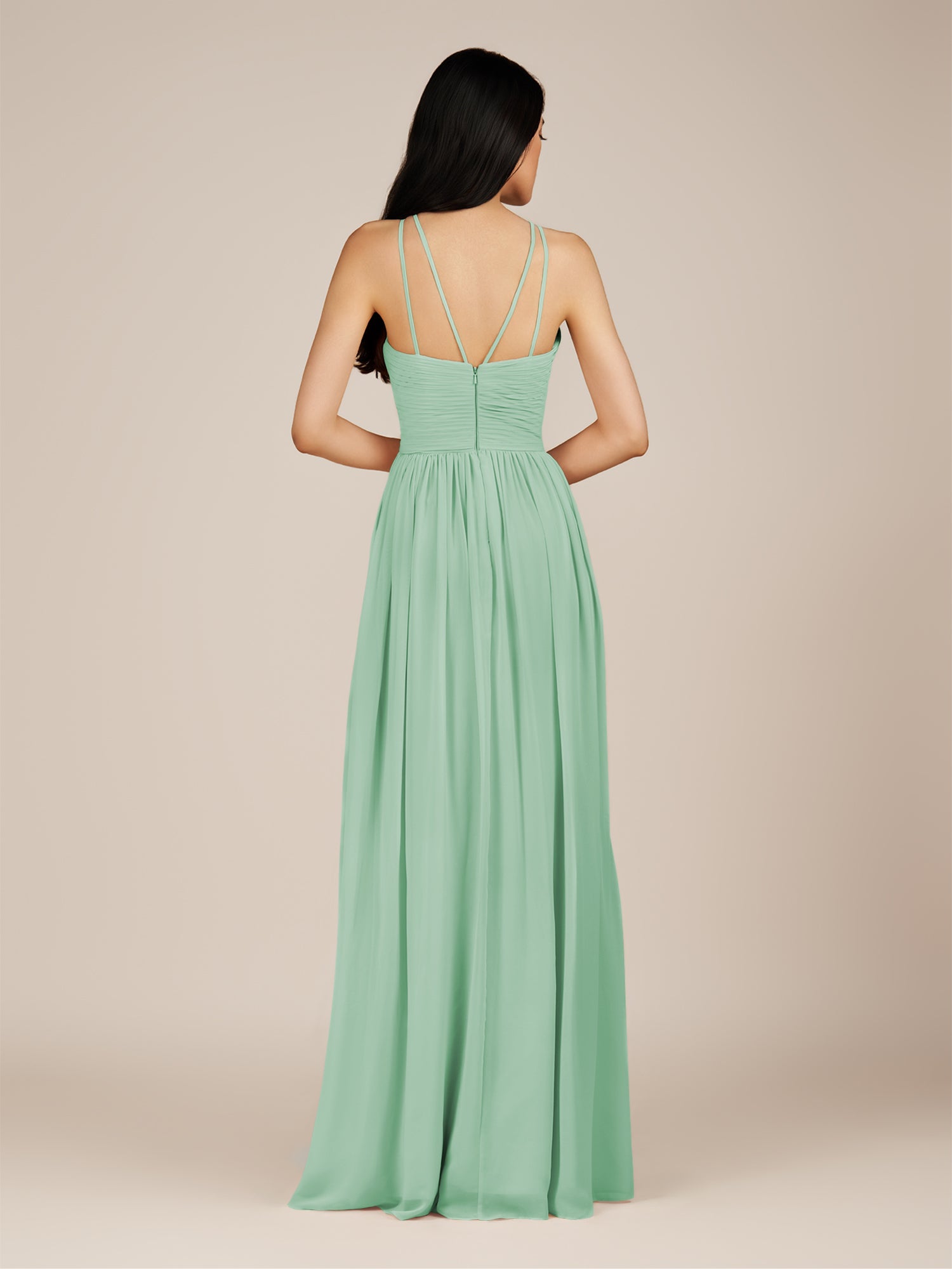 KissDress-Ursa Pale Pistachio A Line Chiffon Halter Neck Long Bridesmaid Dress with Pleats
