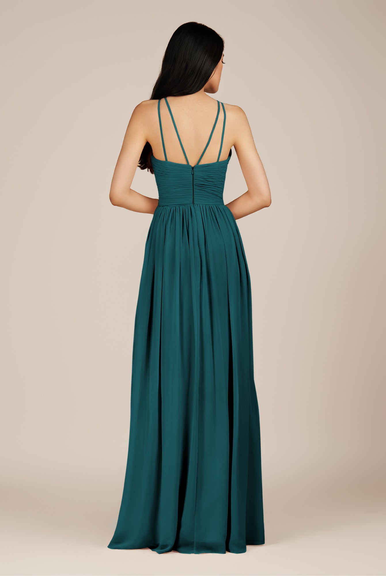 KissDress-Ursa Pine A Line Chiffon Halter Neck Long Bridesmaid Dress with Pleats