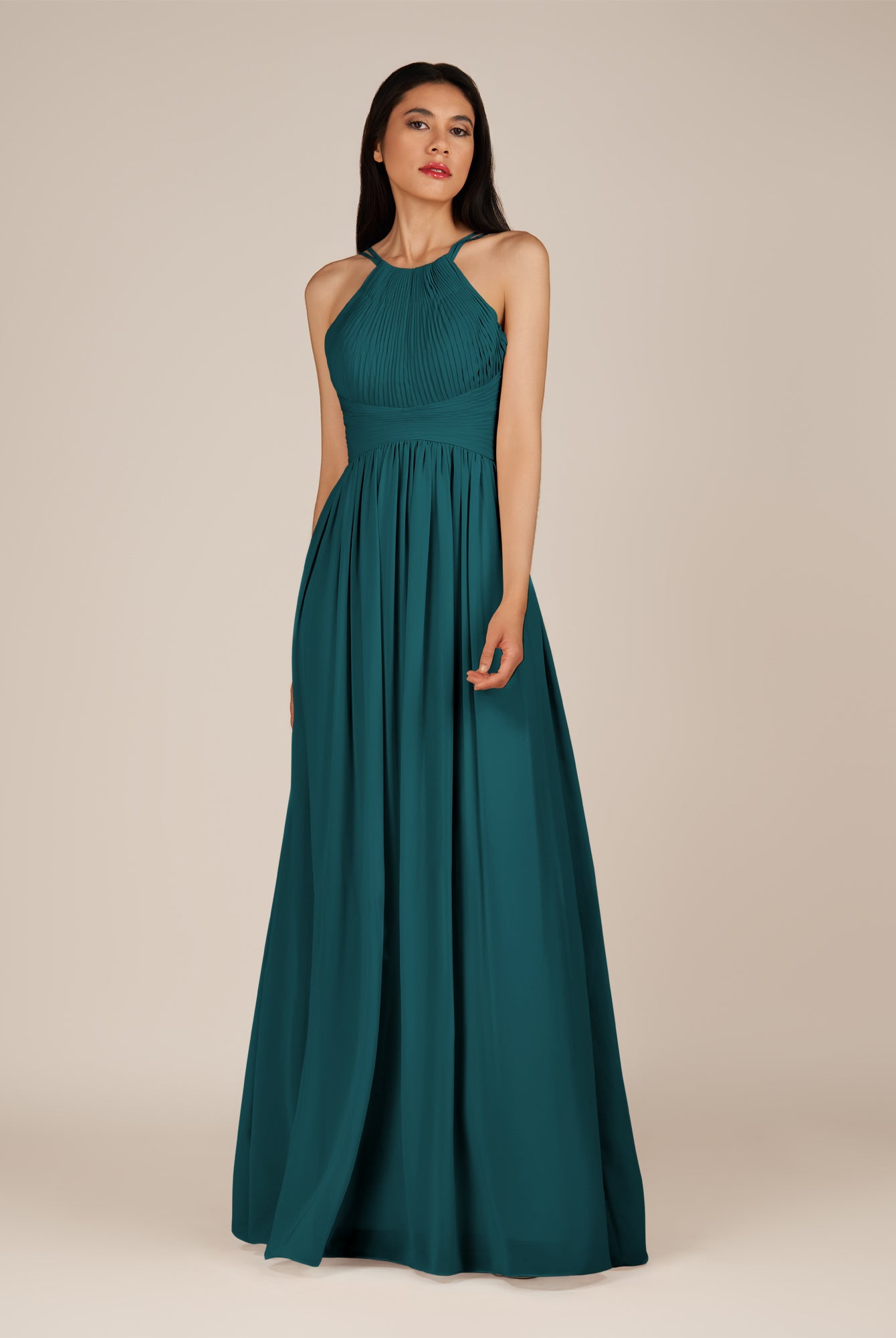 KissDress-Ursa Pine A Line Chiffon Halter Neck Long Bridesmaid Dress with Pleats