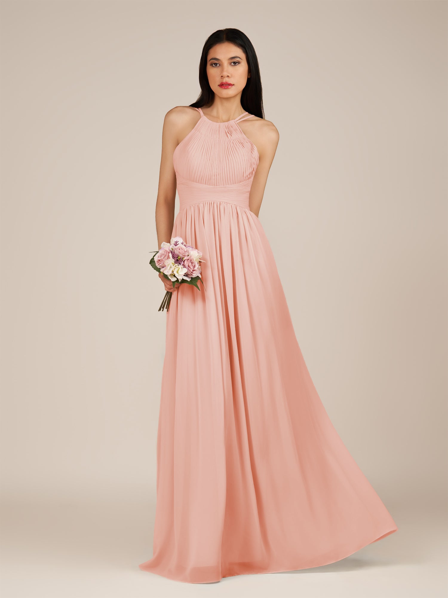 KissDress-Ursa Rose Petal A Line Chiffon Halter Neck Long Bridesmaid Dress with Pleats