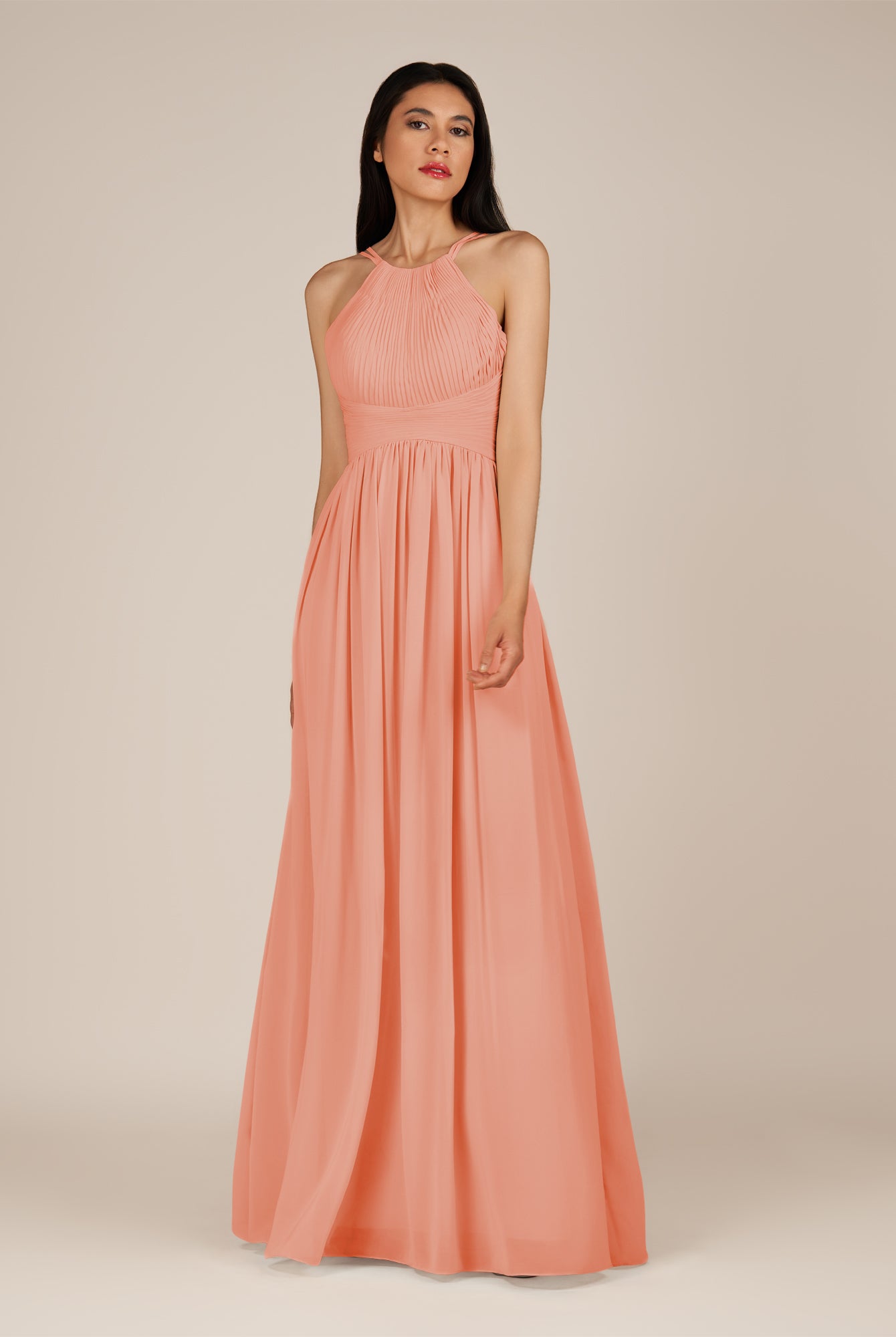 KissDress-Ursa Rosette A Line Chiffon Halter Neck Long Bridesmaid Dress with Pleats