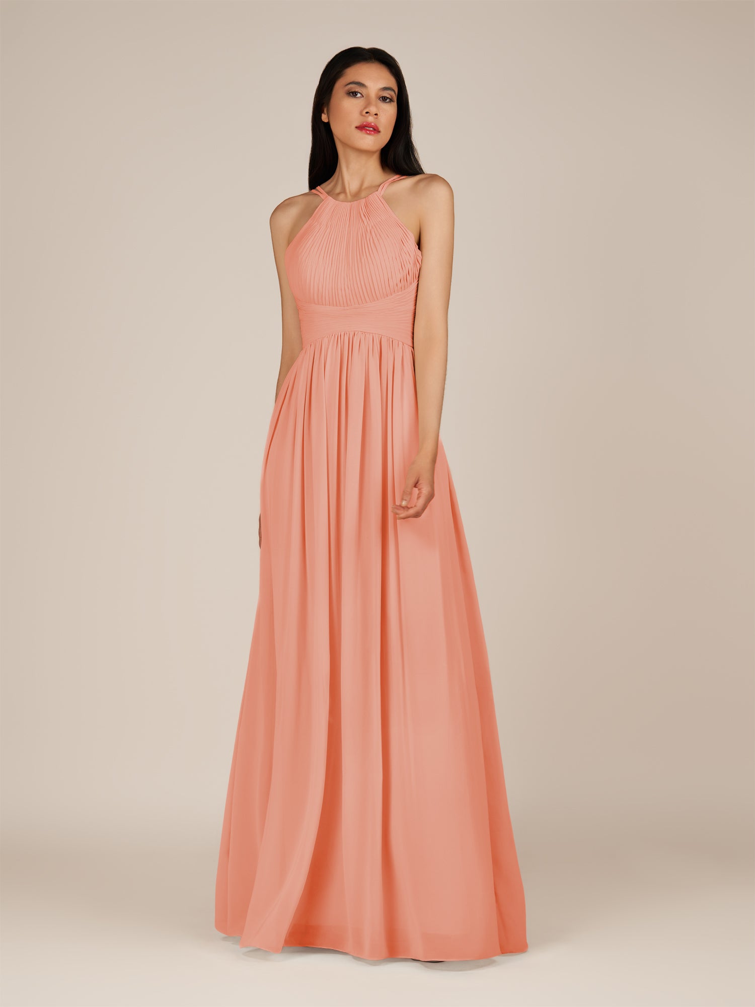 KissDress-Ursa Rosette A Line Chiffon Halter Neck Long Bridesmaid Dress with Pleats