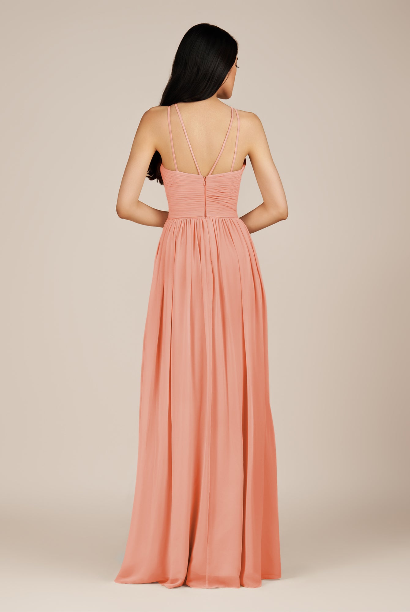 KissDress-Ursa Rosette A Line Chiffon Halter Neck Long Bridesmaid Dress with Pleats