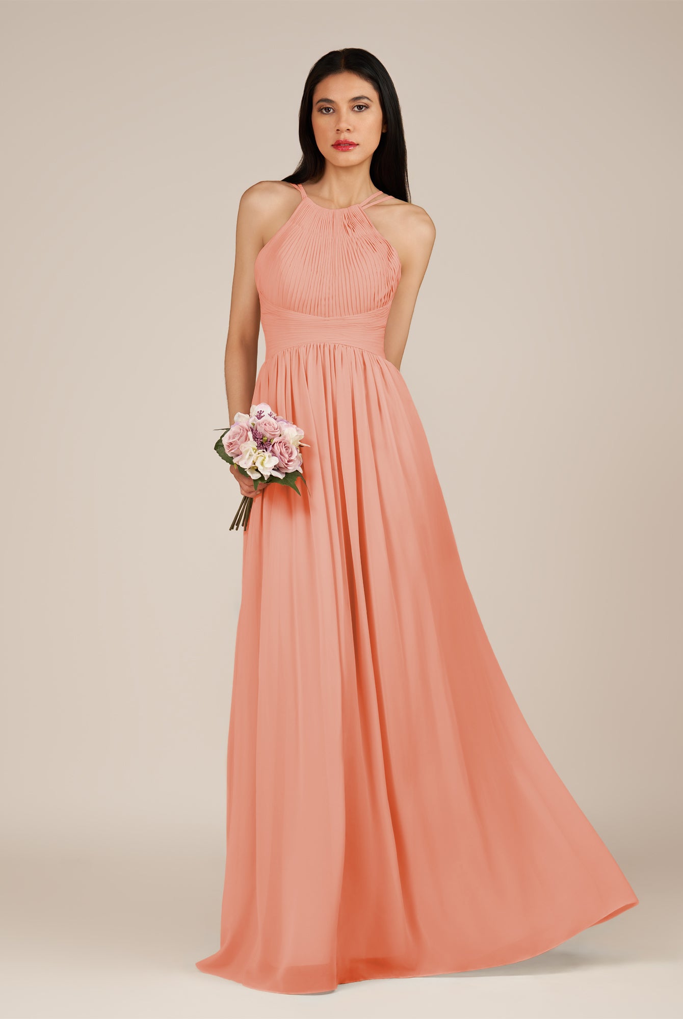 KissDress-Ursa Rosette A Line Chiffon Halter Neck Long Bridesmaid Dress with Pleats
