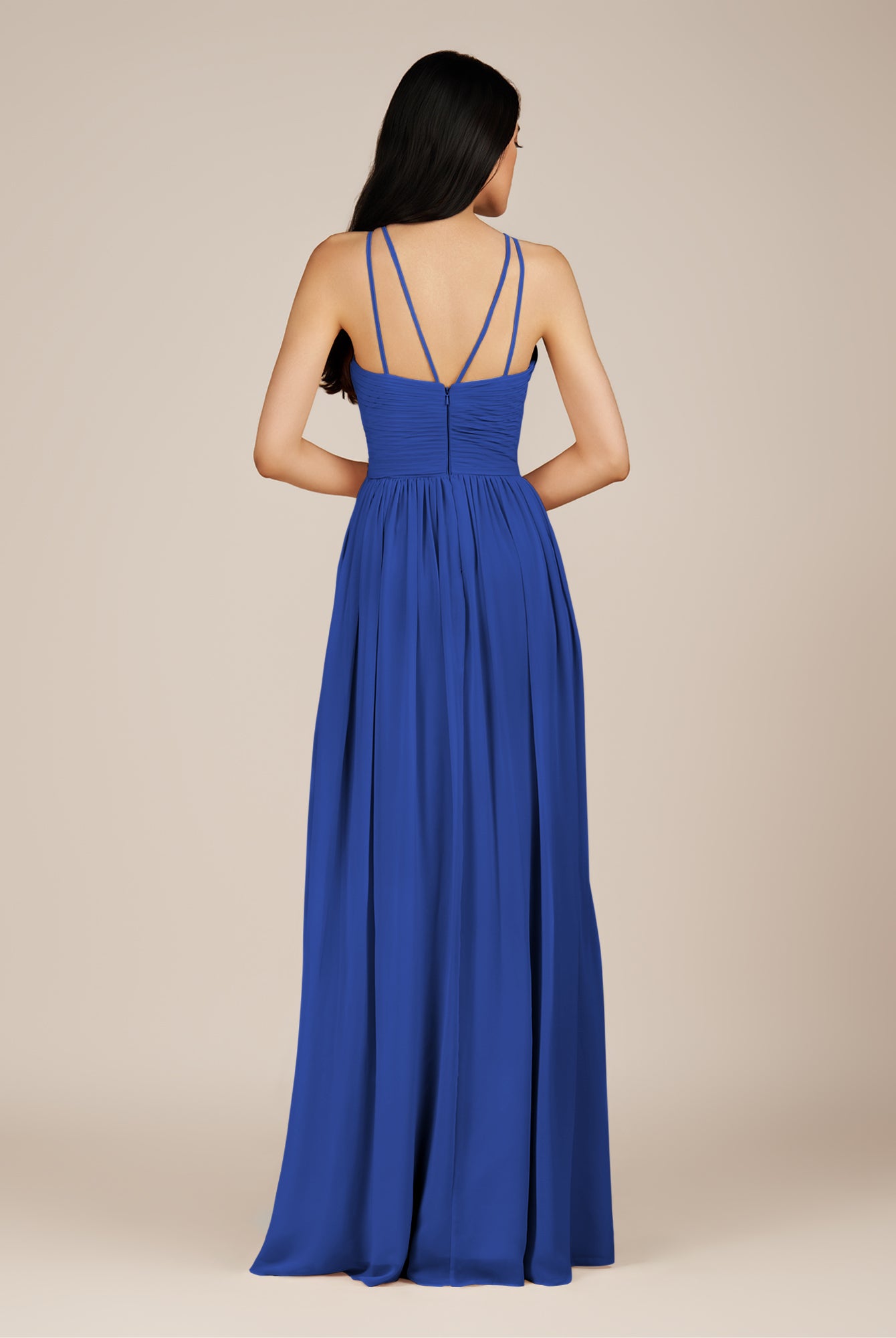 KissDress-Ursa Royal Blue A Line Chiffon Halter Neck Long Bridesmaid Dress with Pleats
