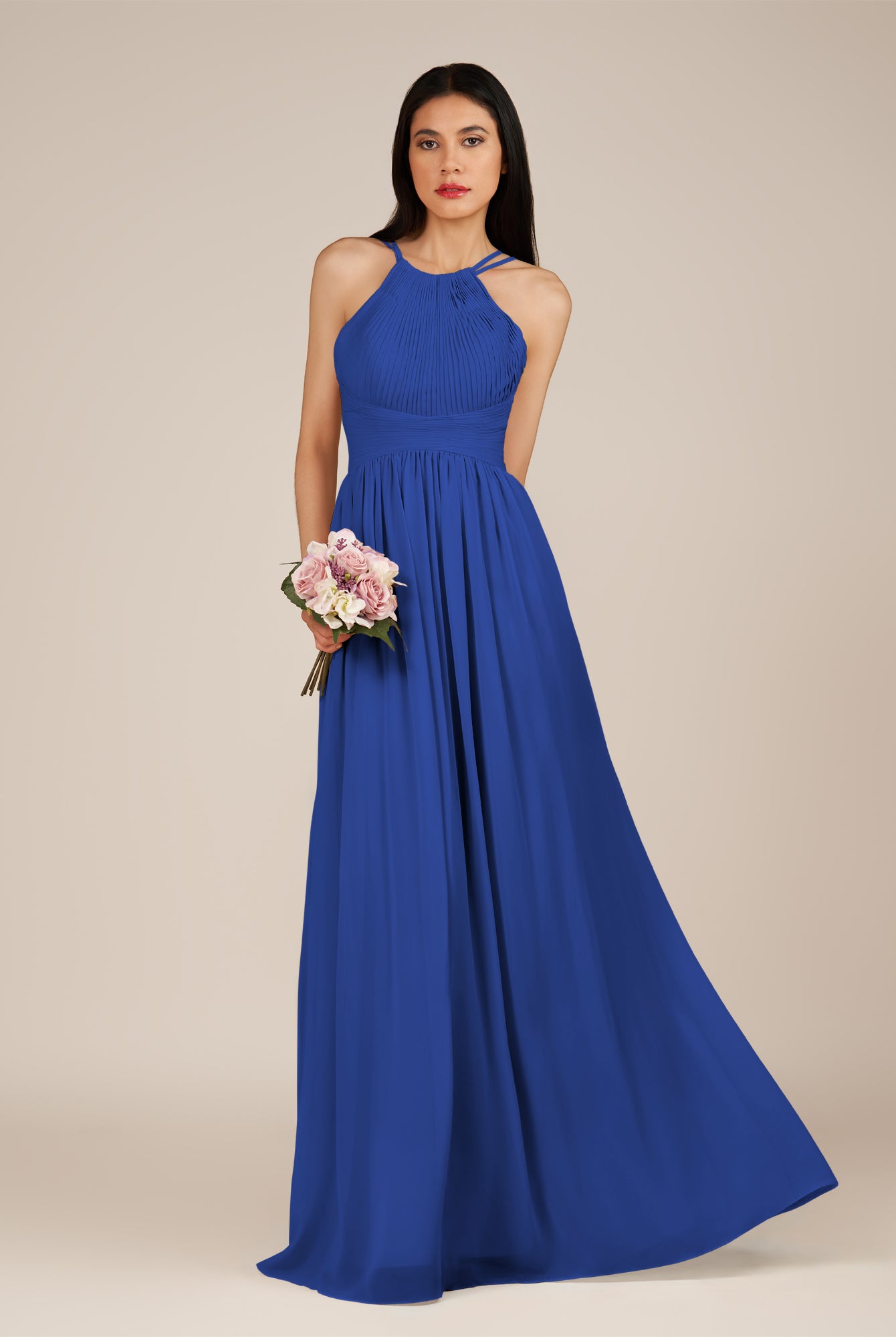 KissDress-Ursa Royal Blue A Line Chiffon Halter Neck Long Bridesmaid Dress with Pleats