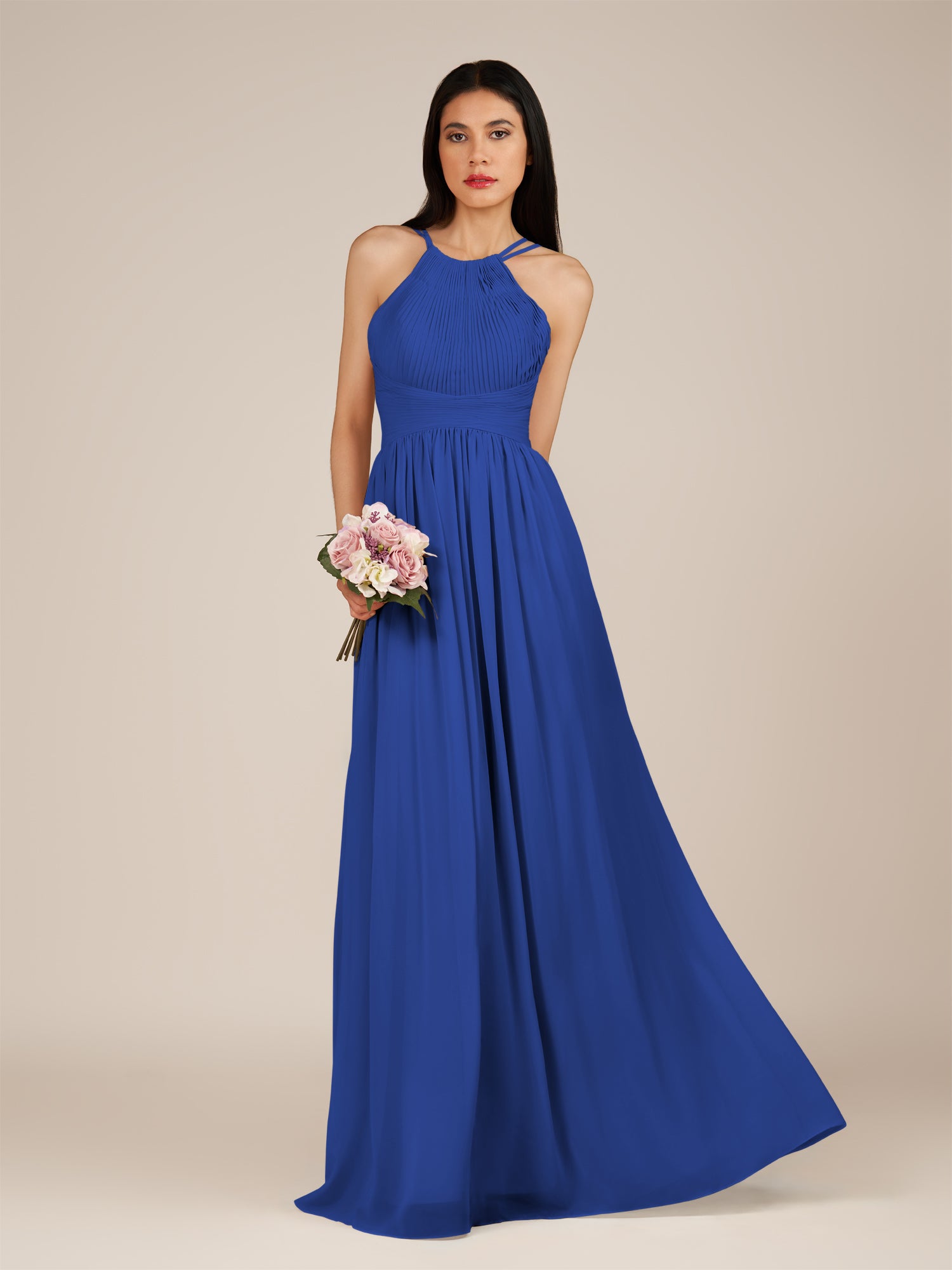 KissDress-Ursa Royal Blue A Line Chiffon Halter Neck Long Bridesmaid Dress with Pleats