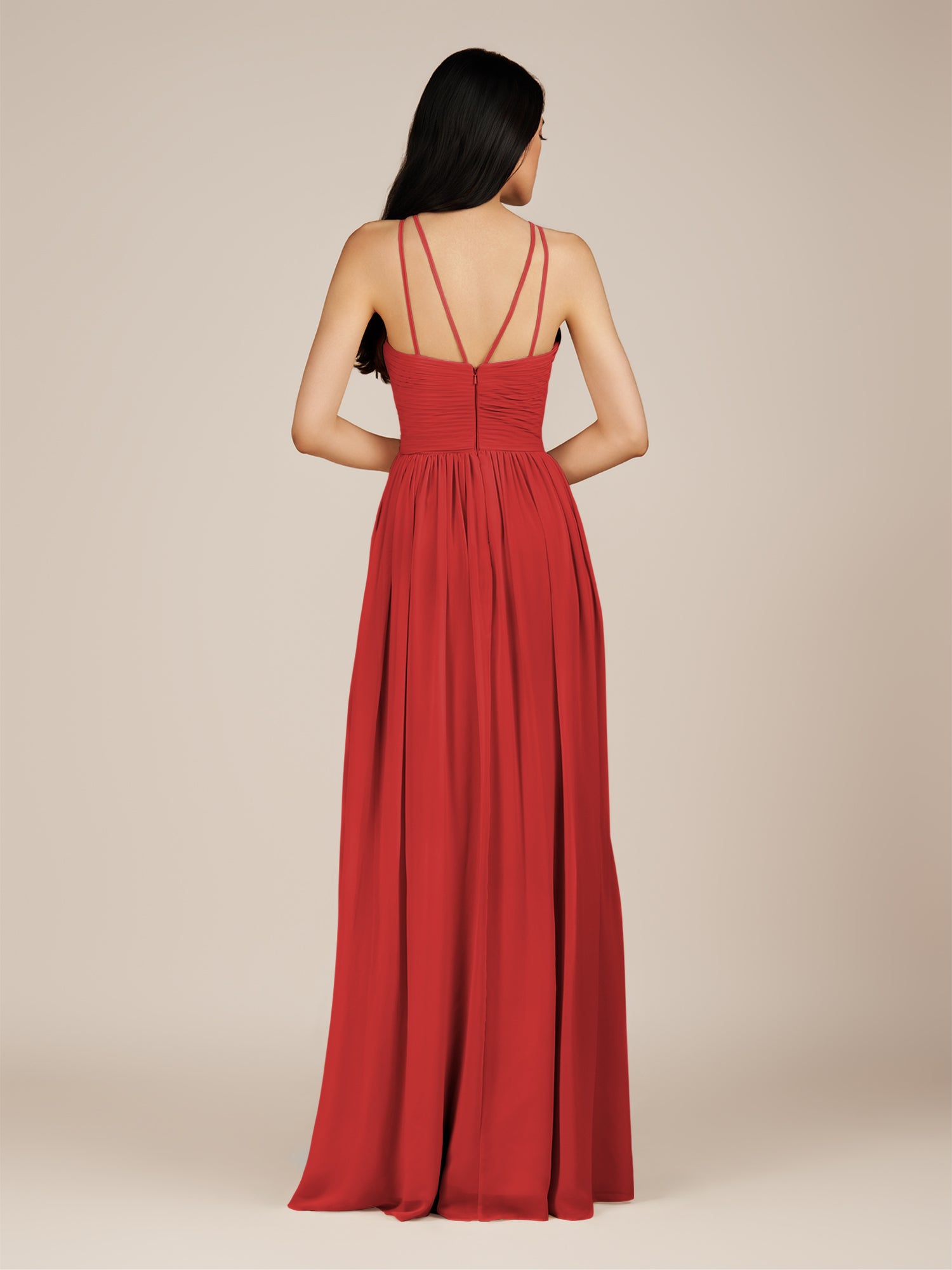 KissDress-Ursa Ruby Red A Line Chiffon Halter Neck Long Bridesmaid Dress with Pleats