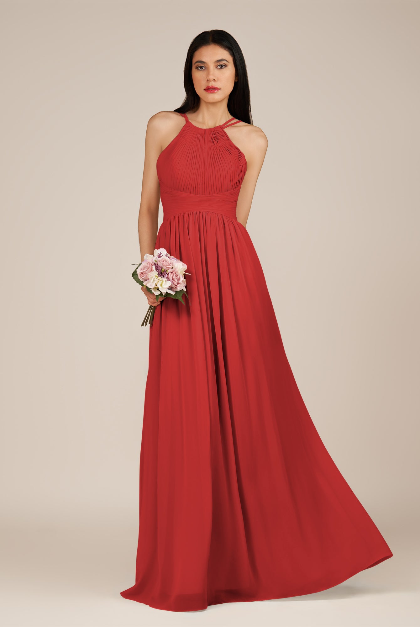KissDress-Ursa Ruby Red A Line Chiffon Halter Neck Long Bridesmaid Dress with Pleats