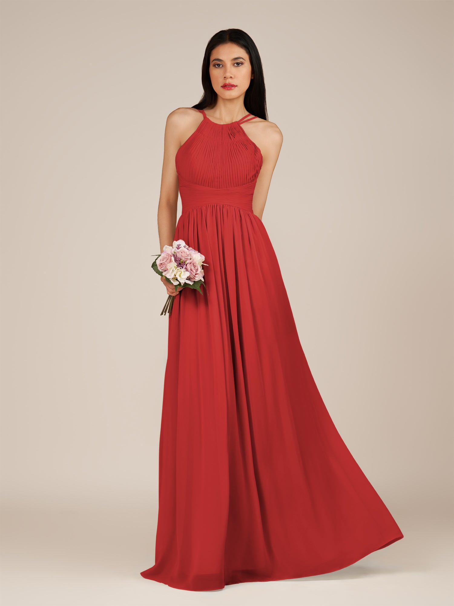 KissDress-Ursa Ruby Red A Line Chiffon Halter Neck Long Bridesmaid Dress with Pleats