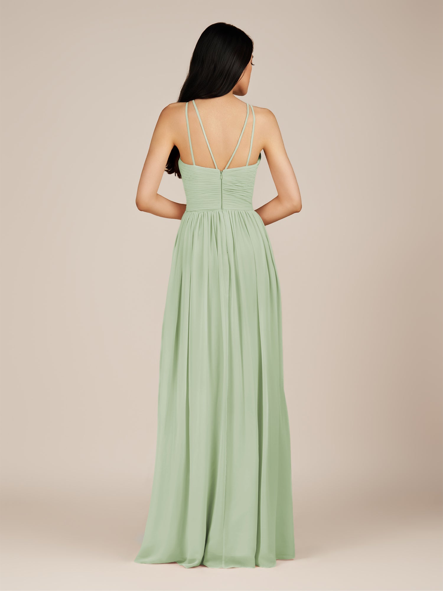 KissDress-Ursa Sage A Line Chiffon Halter Neck Long Bridesmaid Dress with Pleats