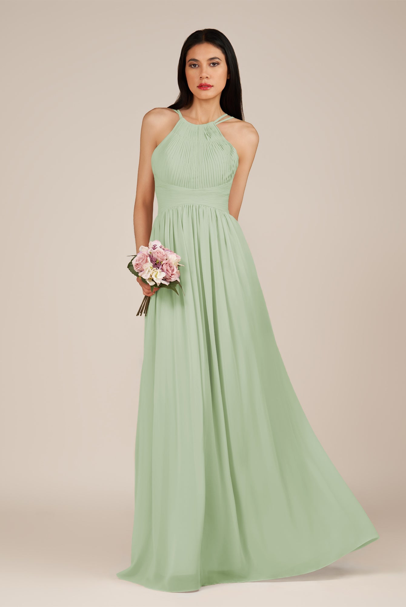 KissDress-Ursa Sage A Line Chiffon Halter Neck Long Bridesmaid Dress with Pleats