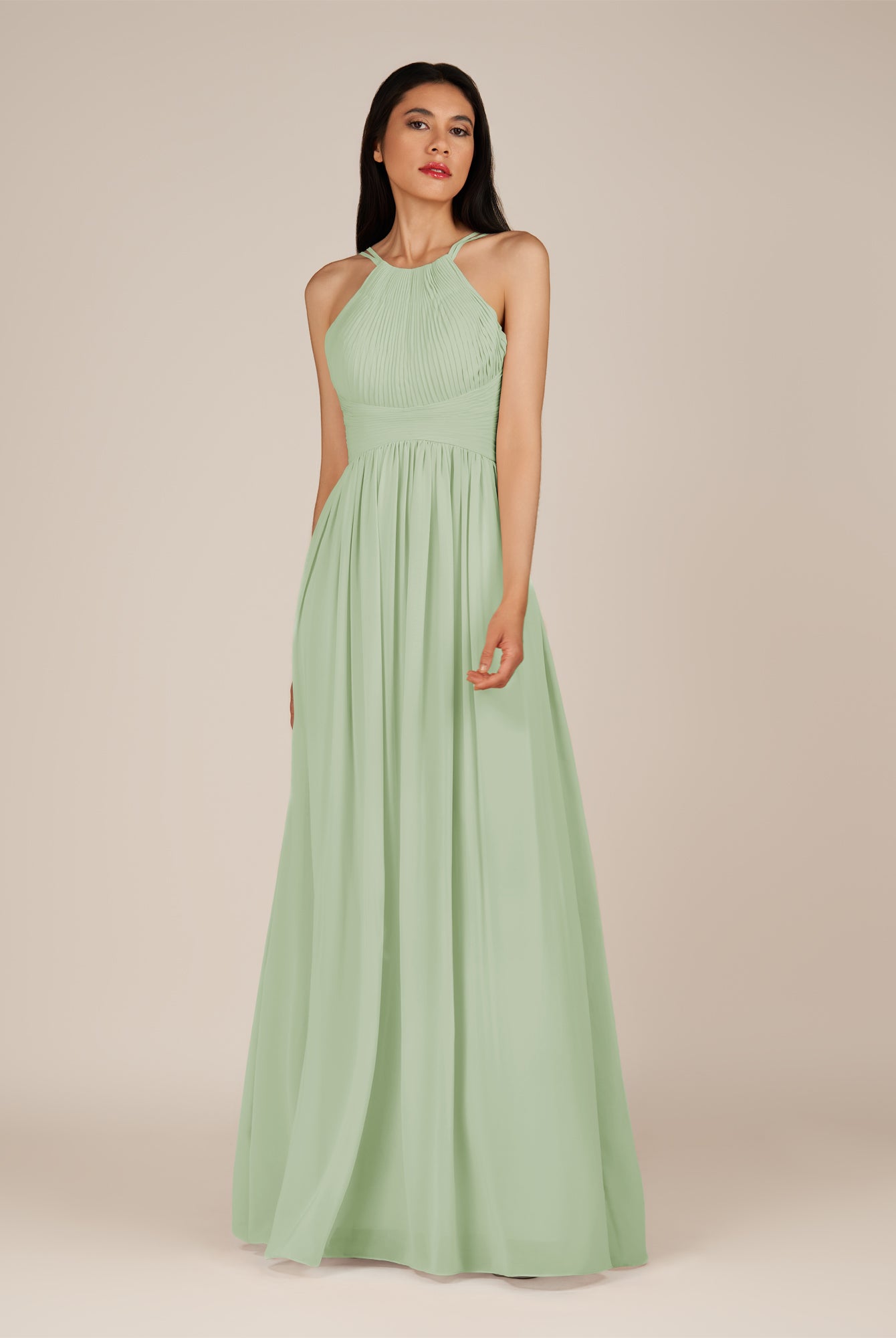 KissDress-Ursa Sage A Line Chiffon Halter Neck Long Bridesmaid Dress with Pleats
