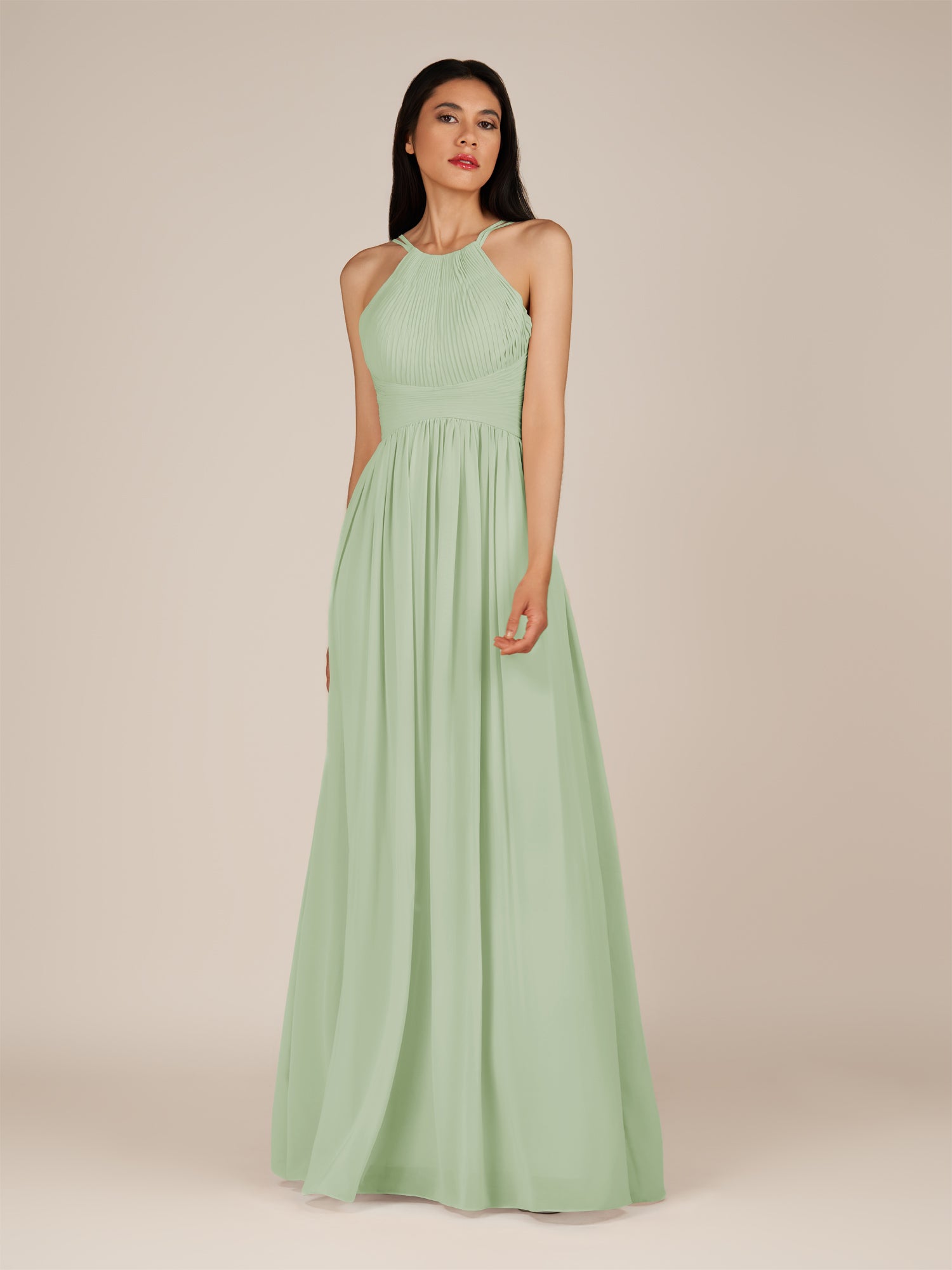 KissDress-Ursa Sage A Line Chiffon Halter Neck Long Bridesmaid Dress with Pleats