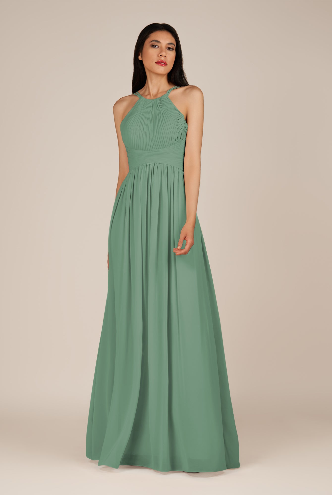 KissDress-Ursa Sea Glass A Line Chiffon Halter Neck Long Bridesmaid Dress with Pleats