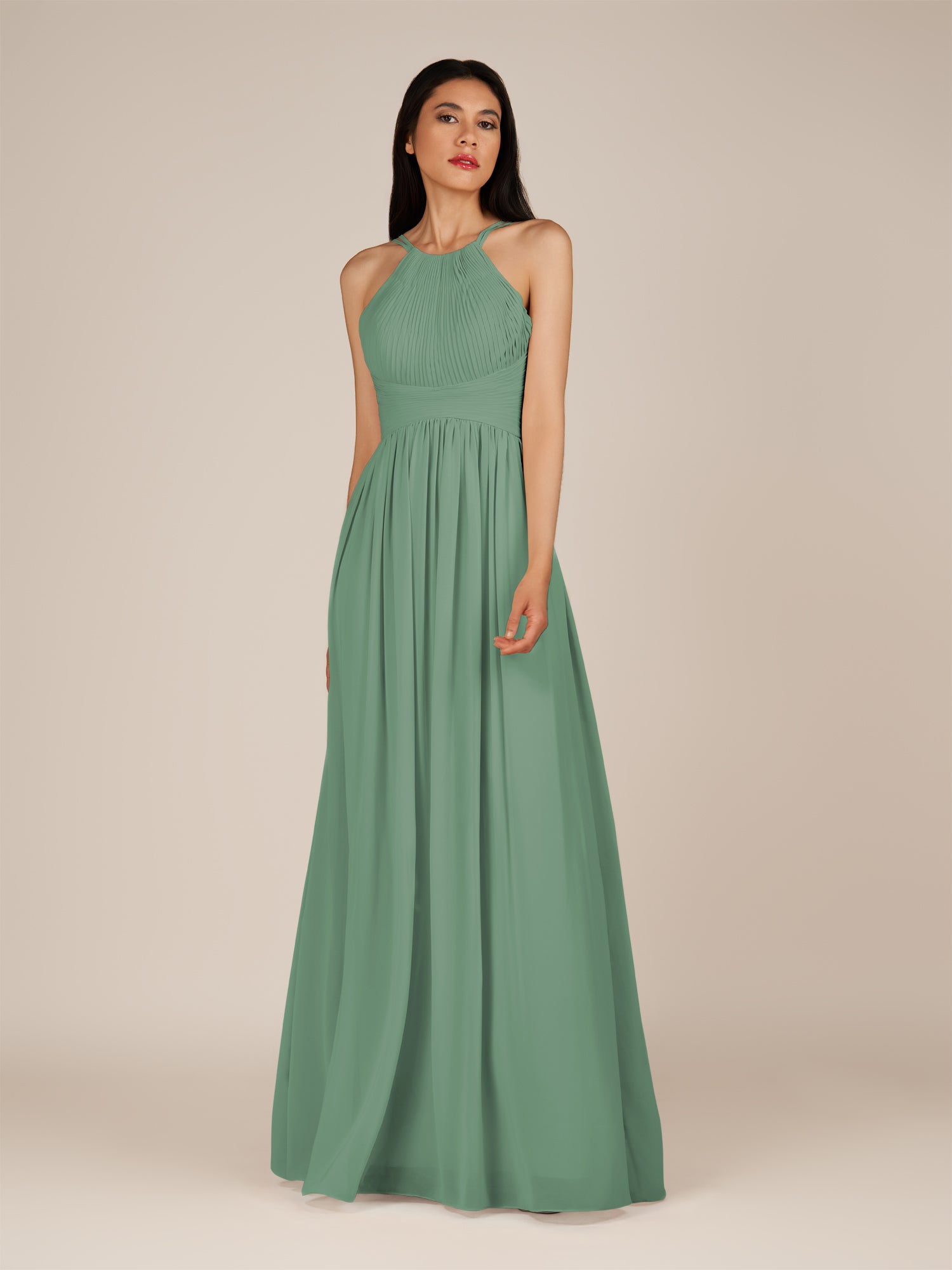 KissDress-Ursa Sea Glass A Line Chiffon Halter Neck Long Bridesmaid Dress with Pleats
