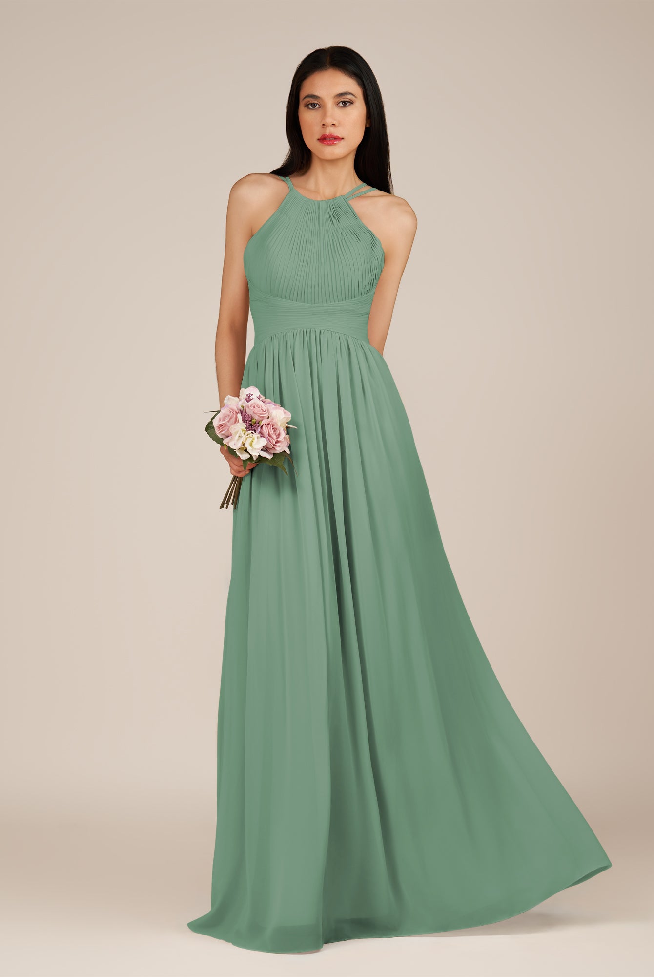 KissDress-Ursa Sea Glass A Line Chiffon Halter Neck Long Bridesmaid Dress with Pleats